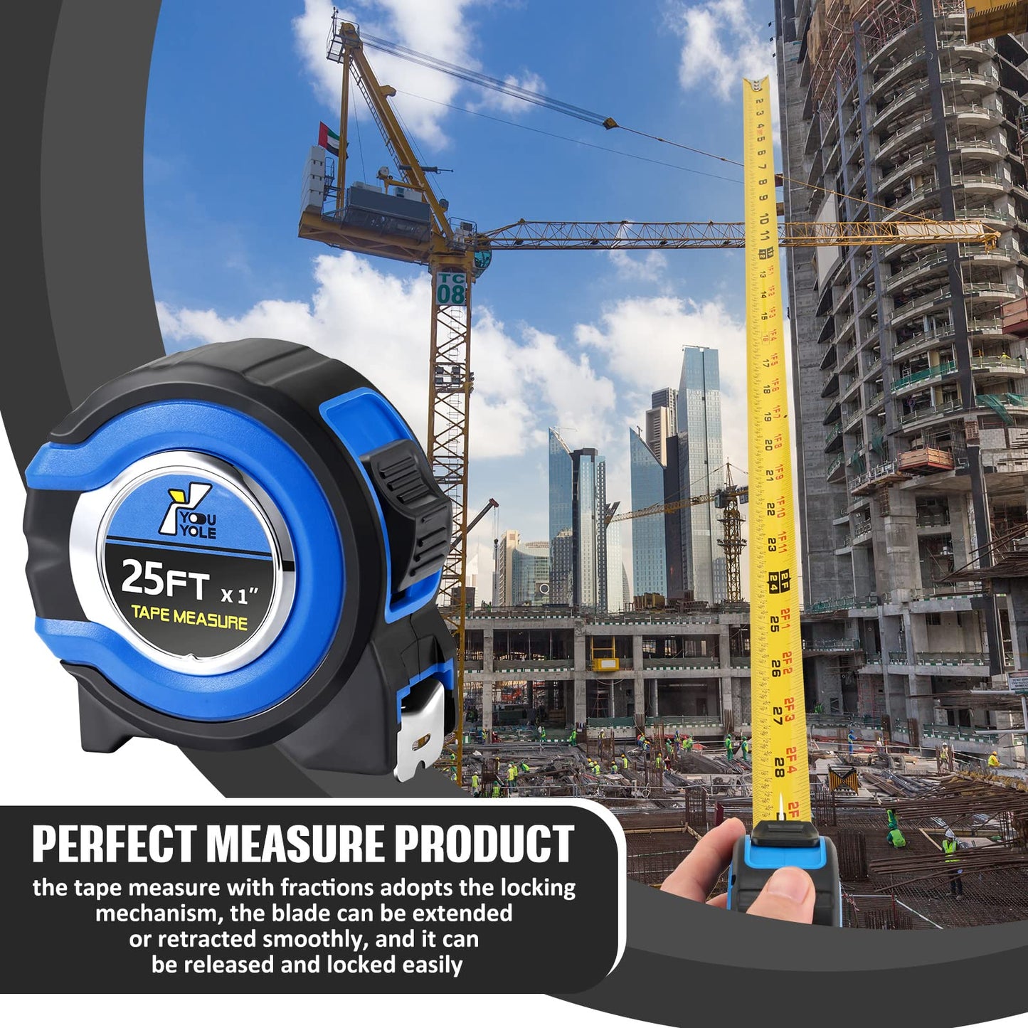 Youyole 10 Pack Tape Measure with Fractions 1/8 Steel Measuring Tape Retractable Easy Read Measurement Ruler Steel Power Blade (25 ft X 1 in,Blue)