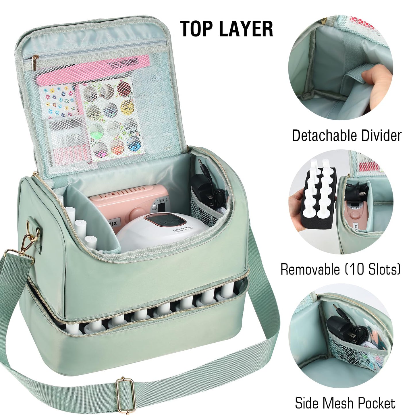 GR69N Nail Polish Organizer Case Holds 50 Bottles and Nail Lamp,Double Layer Nail Organizers and Storage for Nail Tech Travel,Quilted Nail Supplies Organizer Fits Nail Kit & Manicure Tools (Green)