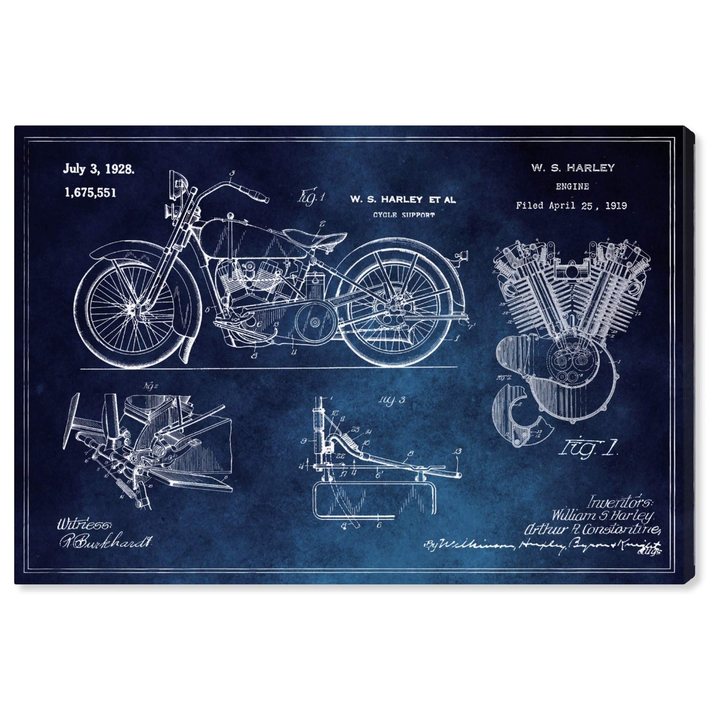Wynwood Studio Transportation Wall Art Canvas Prints 'Harley Engine 1923 Set Horiz Chalkboard' Home Décor, 30" x 20", Blue, White