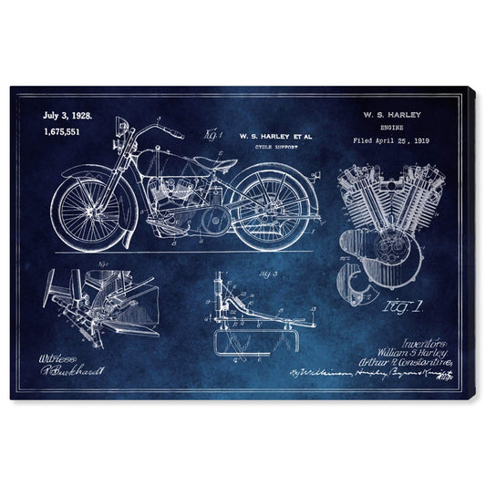 Wynwood Studio Transportation Wall Art Canvas Prints 'Harley Engine 1923 Set Horiz Chalkboard' Home Décor, 30" x 20", Blue, White