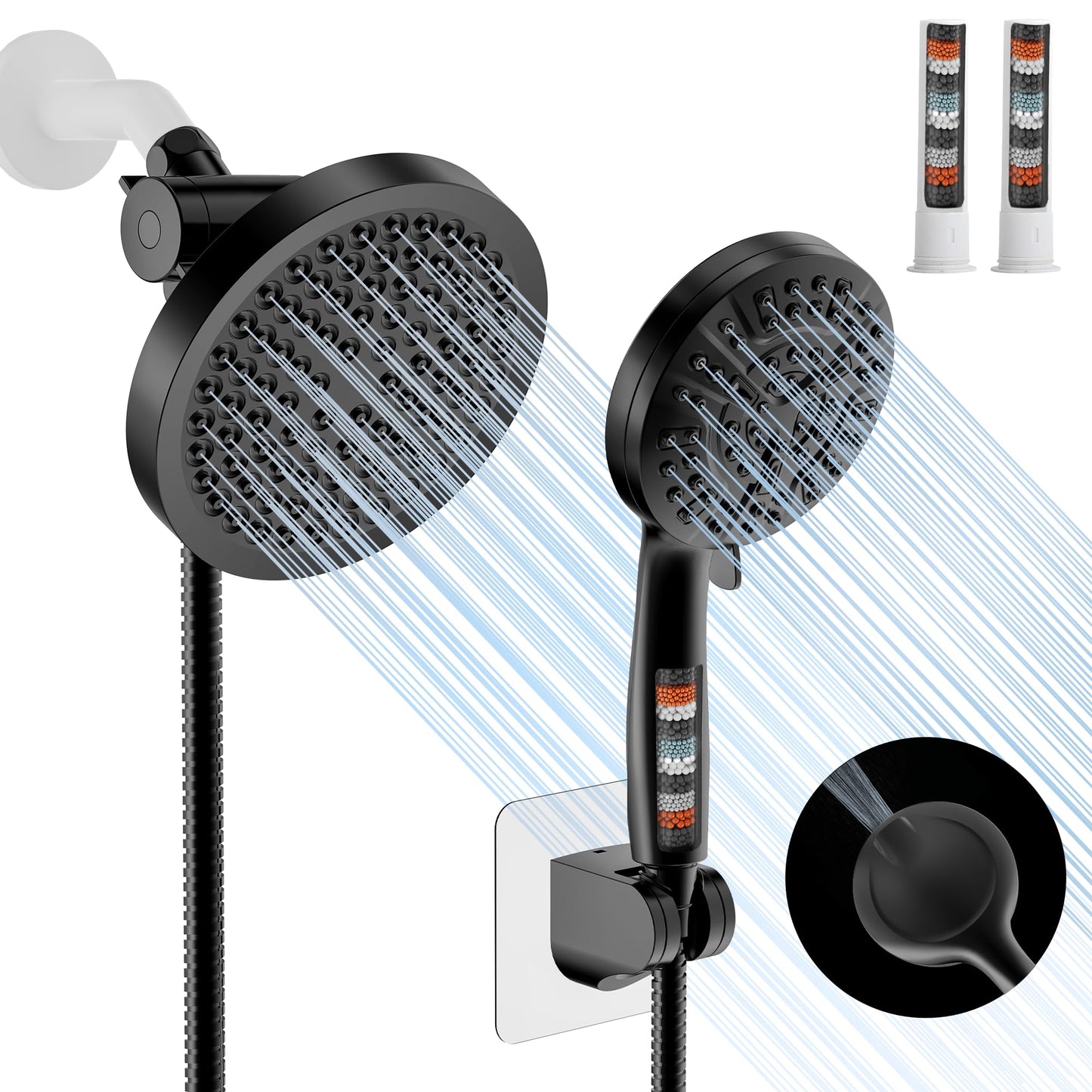 UltrTxenova Filtered Shower Head with Handheld Spray Combo,High Pressure Rain Shower Heads,Double Dual Shower Head 10 Spray Modes,Detachable Showerhead 78 Inch Hose,Black