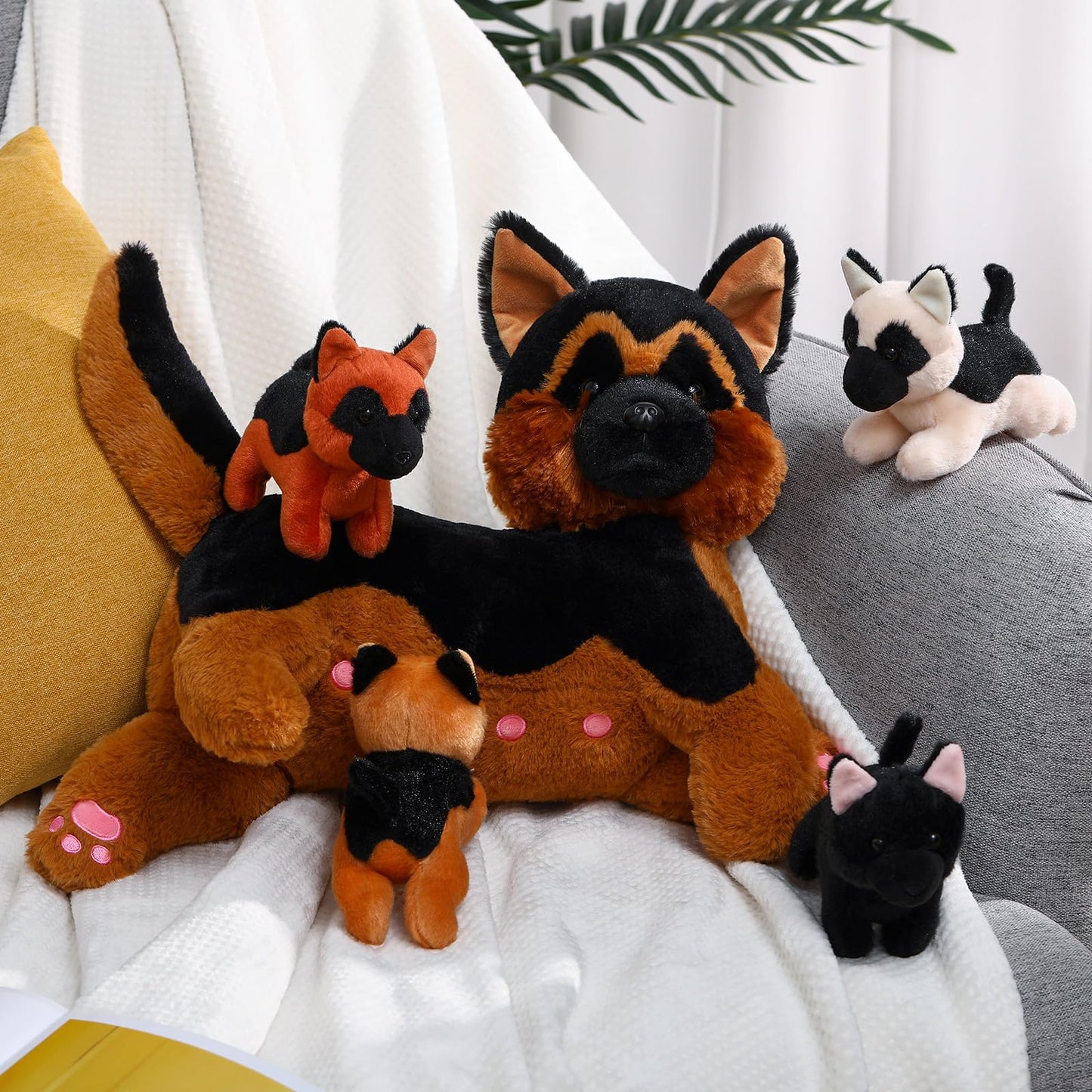 HyDren Nurturing German Shepherd Plush Toys Sets 15 Inch Soft Cuddly Nursing Mommy Dog Stuffed Animal with 4 Magnetic Stuffed Baby Puppies for Kids Birthday Holiday Party Favor Gifts Home Room Decors