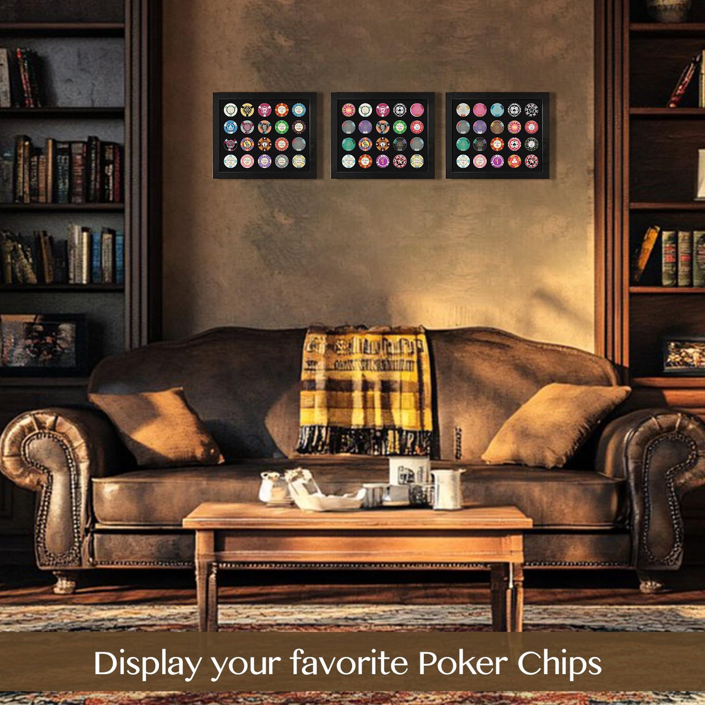 Poker Chip Display Frame for 20 Chips, 11.8"x9.8" with EVA Foam Lining & Black Flocked Fabric, Wall Mount or Tabletop Display