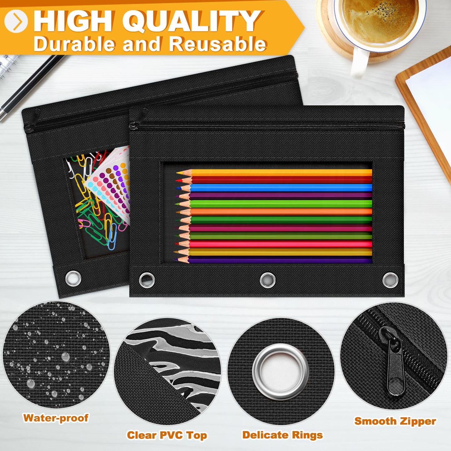 Officygnet Pencil Pouch for 3 Ring Binder, 36 Pack Bulk Black 3-Hole Zipper Pencil Pouches with Clear Window, Sturdy and Durable Cloth Pencil Case for School Office College Supplies