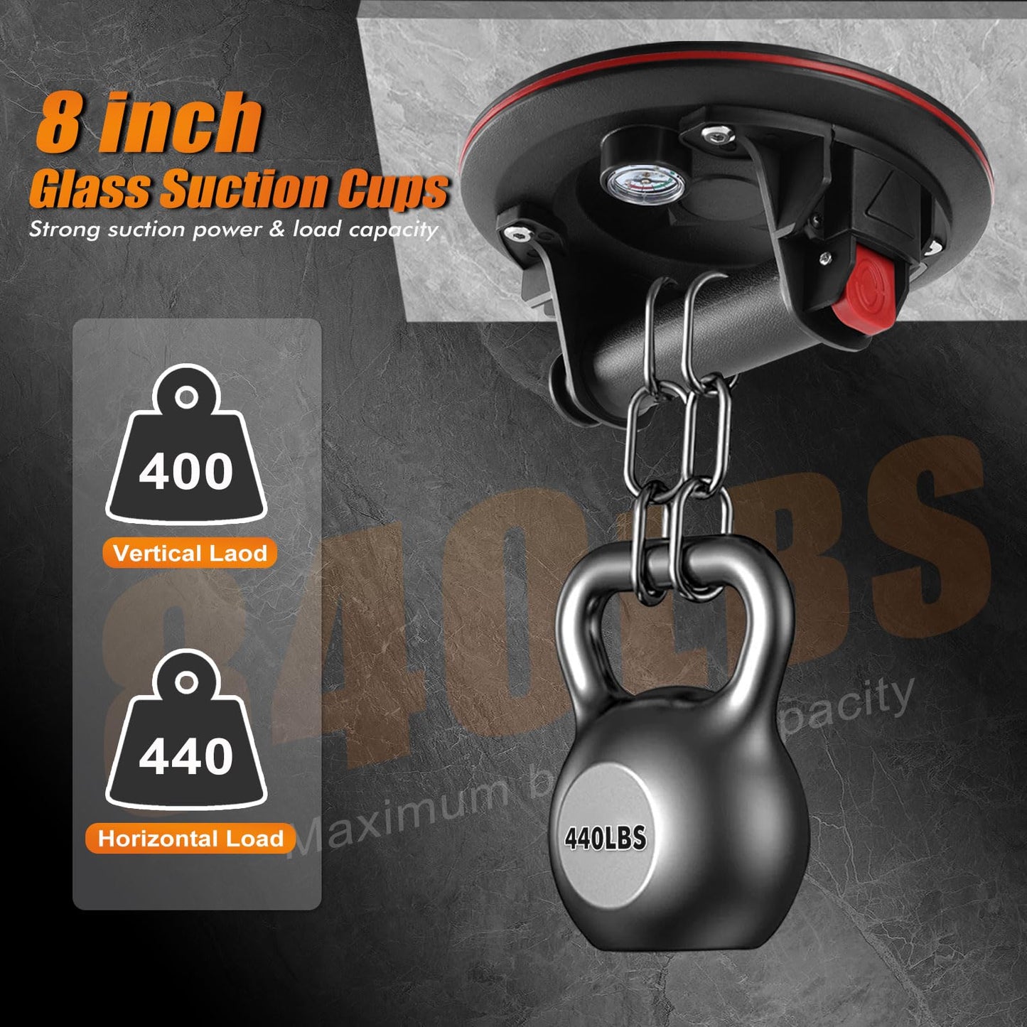 MARSBASE 8" Heavy Duty Suction Cups with Pressure Gauge, Glass Suction Cups to Lift Large Glass, 2 Pack 880 lbs Load Capacity, Suction Cups with Carrying Case for Window,Tiles, Windshield