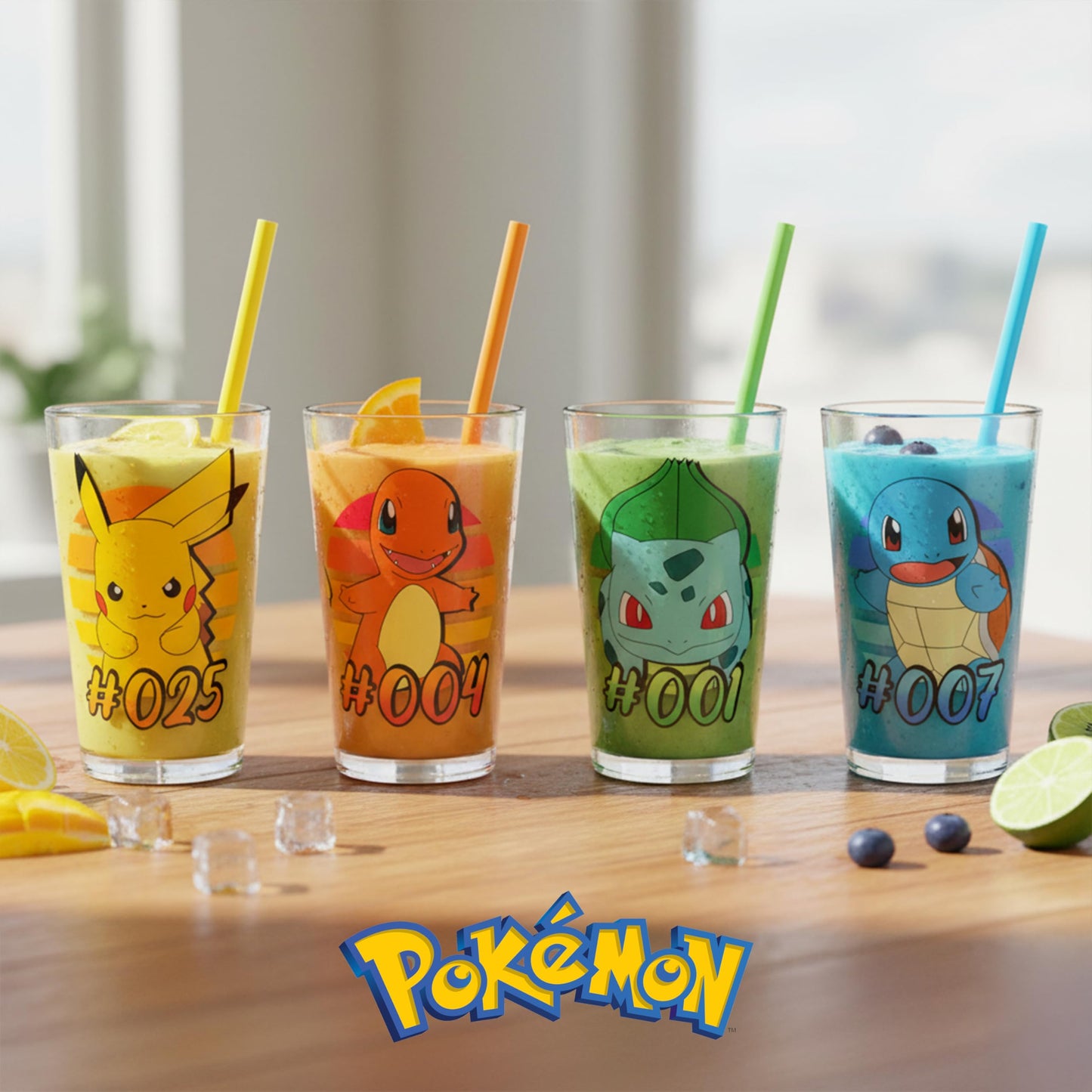 Silver Buffalo Pokemon Original Starters Feautirng Charmander, Squirtle, Bulbasaur, and Pikachu 4 Pack Pint Glass Set, 16 Ounces