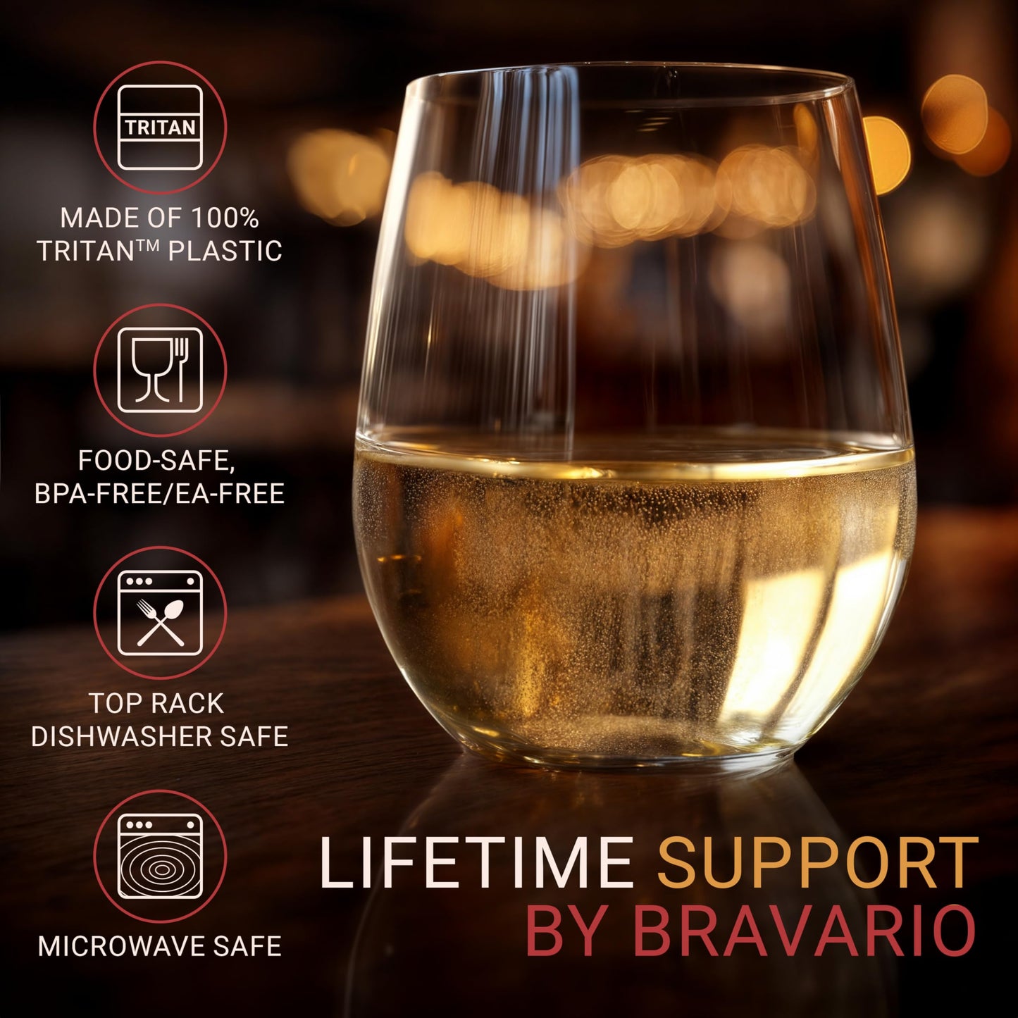 Bravario Unbreakable Stemless Plastic Wine Glasses | Reusable | Shatterproof 100% Tritan Plastic | Dishwasher-Safe | BPA-free | Awesome for Indoor & Outdoor | 16 oz, Set of 8