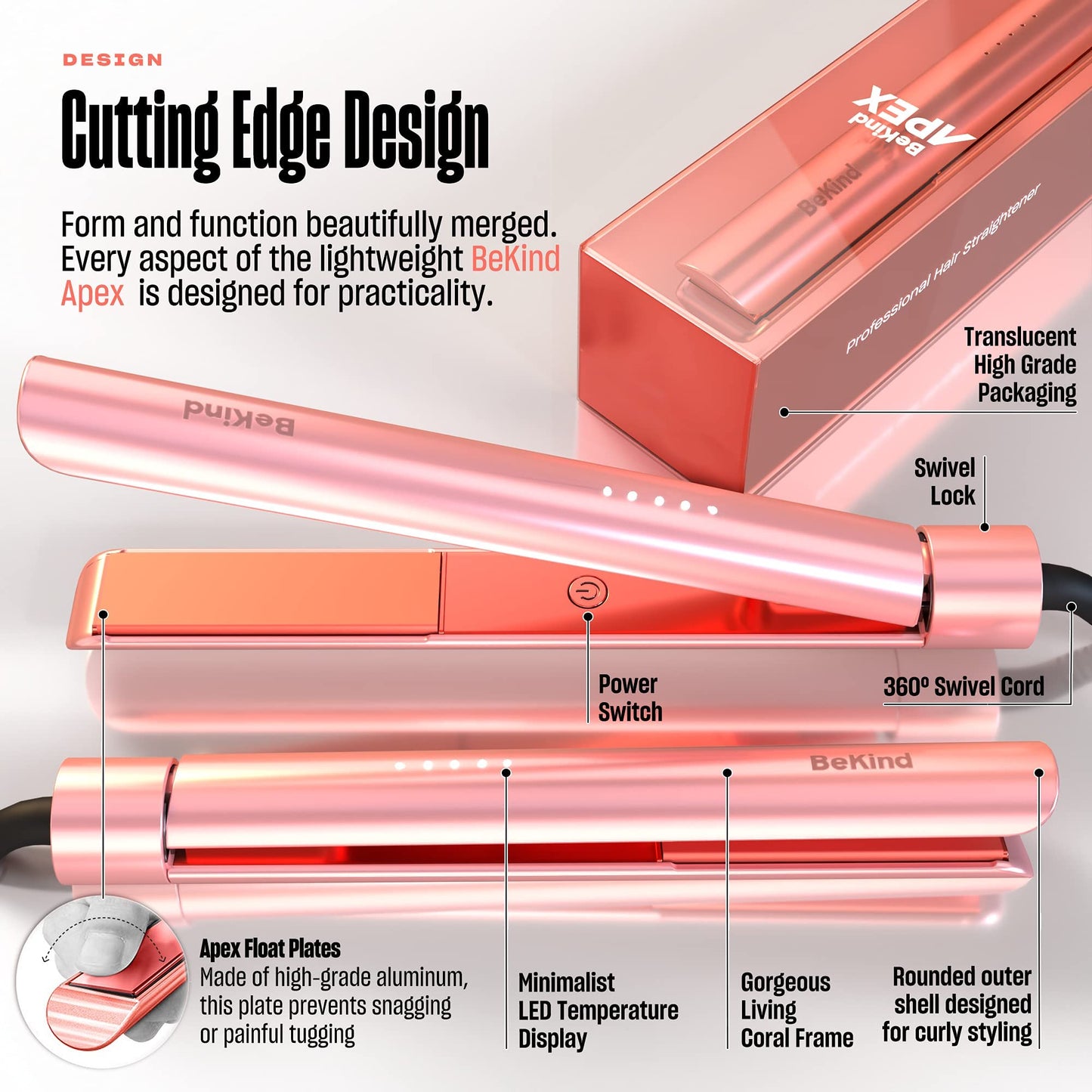 Bekind Apex 2-in-1 Hair Straightener Flat Iron | 1“ 460°F Straightener and Curler for All Hairstyles | UltraSmooth Tech | 15s Fast Heating & Temp Memory | Gift Set for Girls Women (Apex Peach)