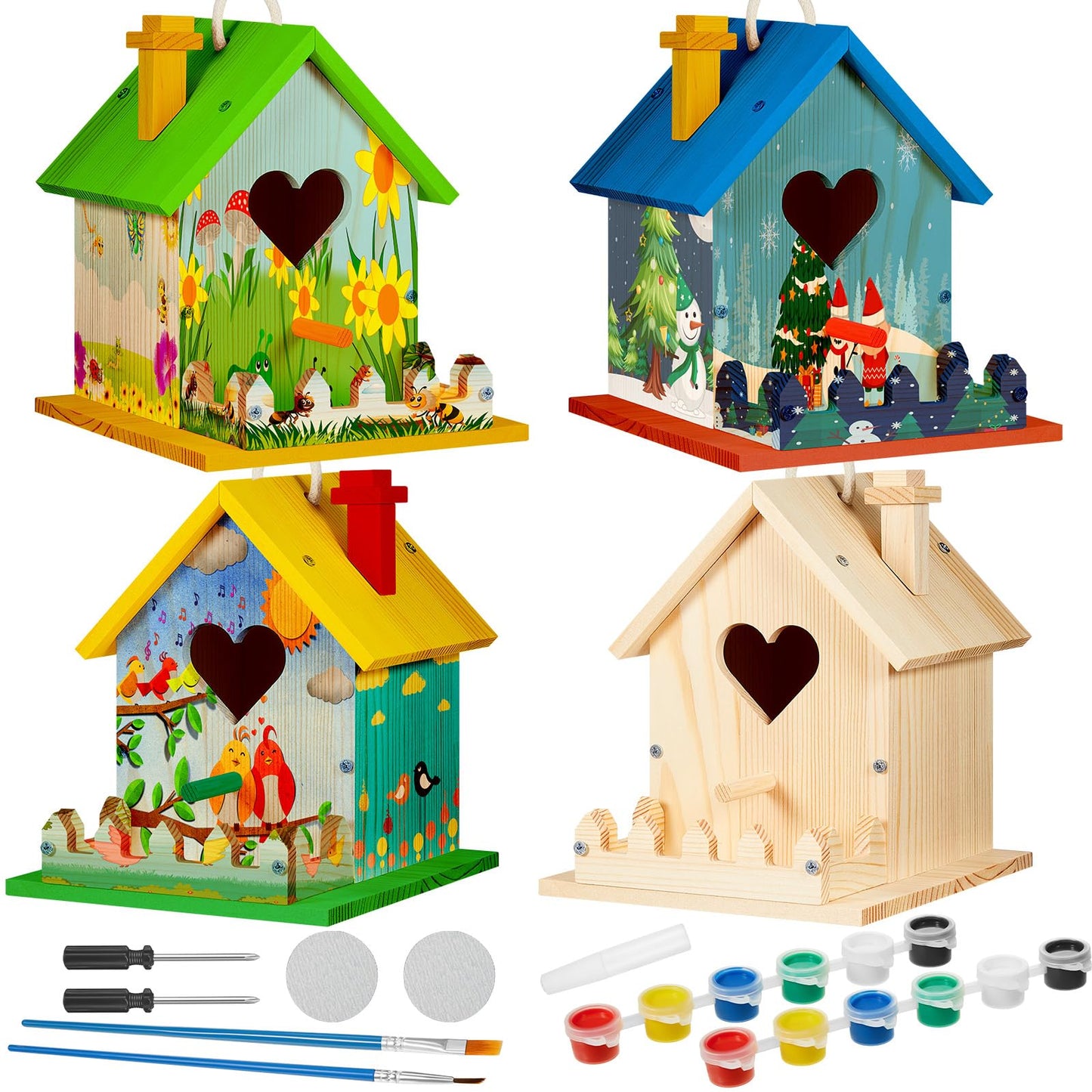Juexica 4 Pack Wooden Birdhouse Kit DIY Buildable Bird House with Paint and Paintbrushes Art and Crafts Painting Kits for Boys Girls Adults Classroom Projects Gift Birthday Outdoor Craft(Heart)