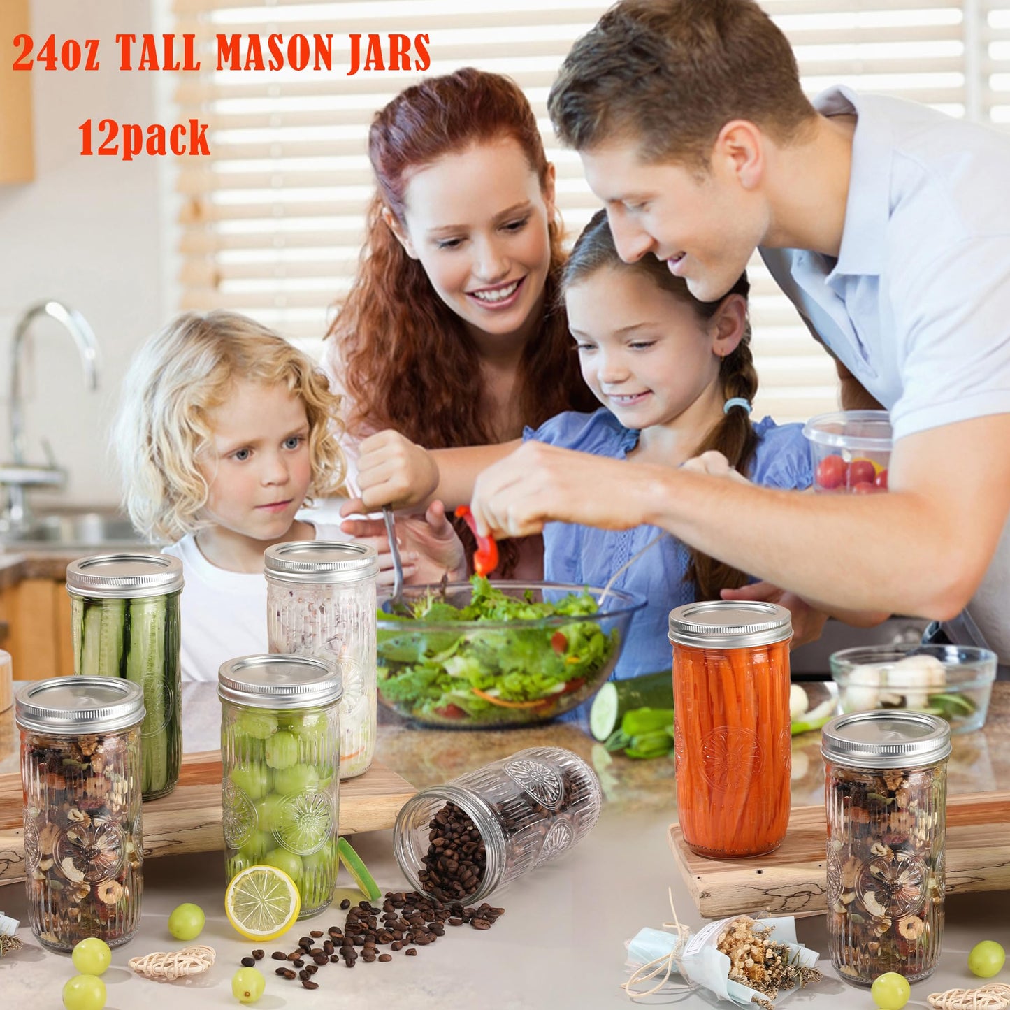 Qumuauu 12 Pack 24 oz Tall Wide Mouth Mason Jars – Pint and a Half Glass Canning Jars with Airtight Metal Lids & Bands for Pickling, Fermenting, Cold Brew, Overnight Oats, Meal Prep