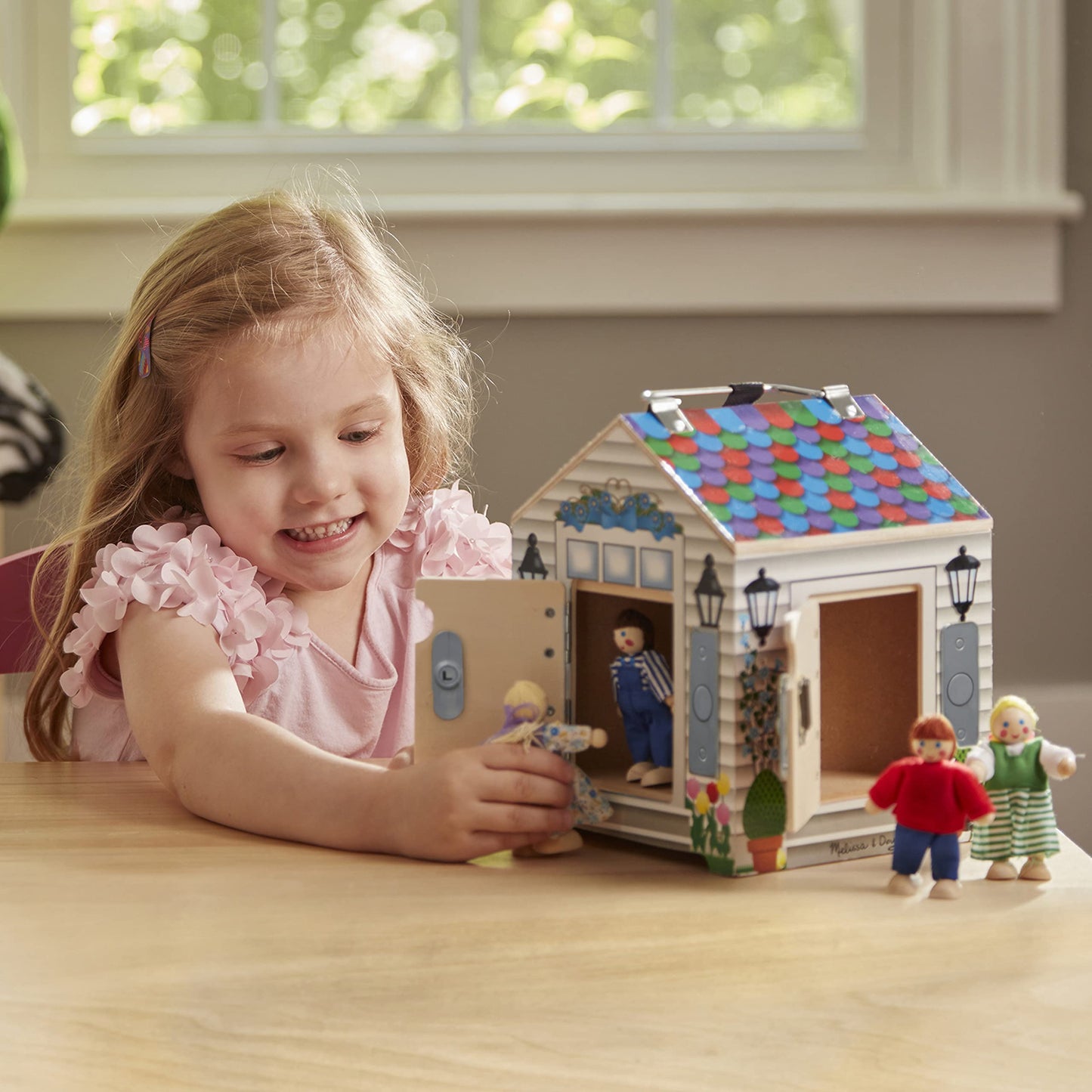Melissa & Doug Take-Along Wooden Doorbell Dollhouse - Doorbell Sounds, Keys, 4 Poseable Wooden DollsPortable Doll House, for Kids Ages 3+