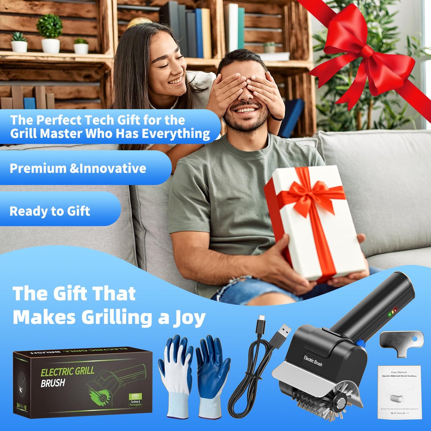 YEBLEM Electric Grill Brush with Dual Safety Lock - Ideal Gift for Men Dad Husband, Professional BBQ Cleaner with Submersible 304 SS Head, Splash-Proof Scrubber for Outdoor Grill (Blue Button)