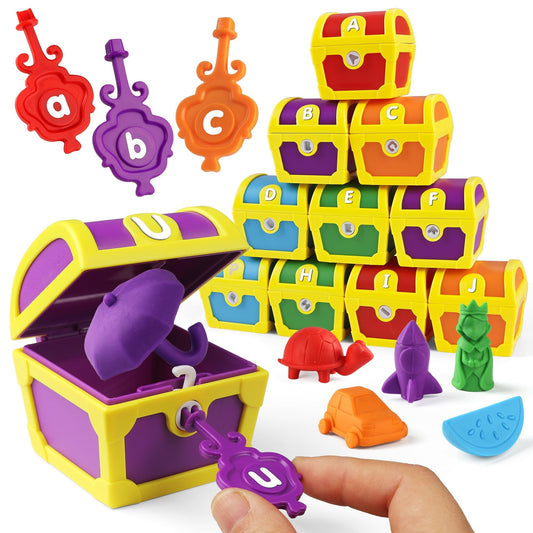 Coogam Alphabet Learning Toys for Toddlers, 26pcs Surprise Letters Treasure Locks with Keys, Uppercase Lowercase ABC Matching Color Sorting Game, Montessori Fine Motor Skill Gift for Kids