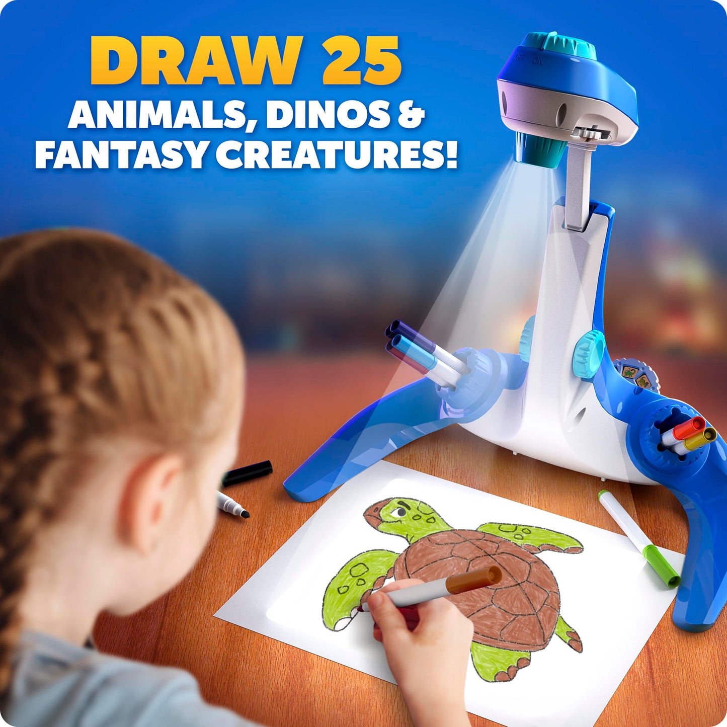 Blue Marble Learn To Draw Projector - Kids Image Projector for Tracing with 9 Colourful Markers & 4 Image Discs with 25 Animals, Dinos & Creatures to Draw, Patent-Pending Drawing Projector for Kids