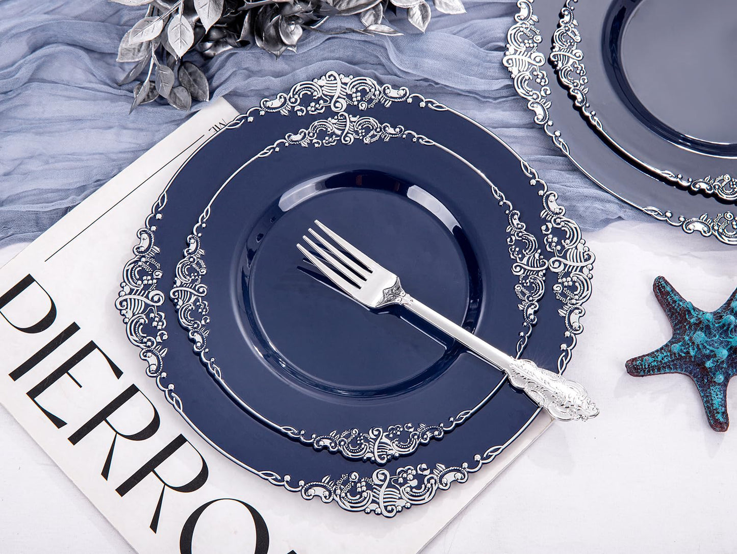 Hioasis 175pcs Blue and Silver Plastic Plates - Elegant Disposable Dinnerware Set Suitable for 25 Guests Include 10.25" Dinner & 7.5" Dessert Plates, Cutlery, Napkins, Cups for Party & Wedding