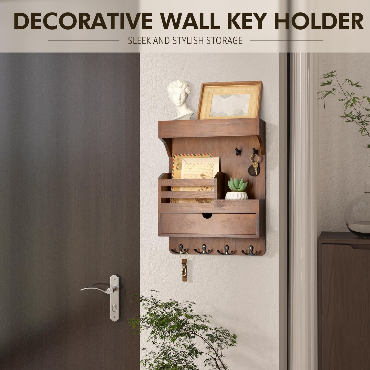 Rebee Vision Farmhouse Key Holder Wall Mount with Drawer Organizer – Pine Wooden Mail and Key Organizer for Wall with 6 Sturdy Hooks & Floating Shelf – Perfect for Retro Living Room Decor (Brown)