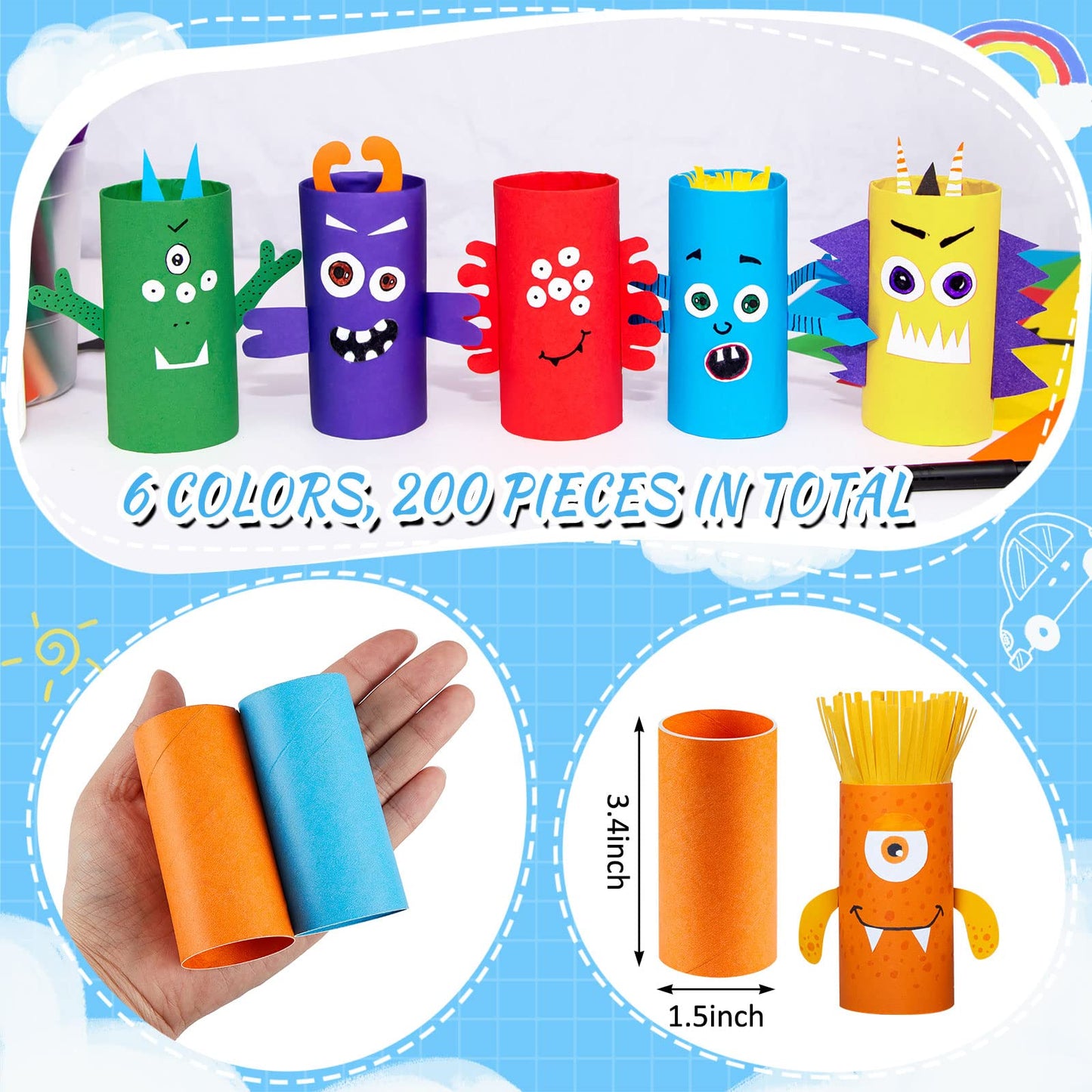200 Pcs Cardboard Tubes for Craft Bulk 1.57 x 3.35 Inches Toilet Paper Rolls Round Thick Handmade DIY Sturdy Cardboard Tubes for Classrooms Family Crafts Art Projects Dioramas (Colorful)