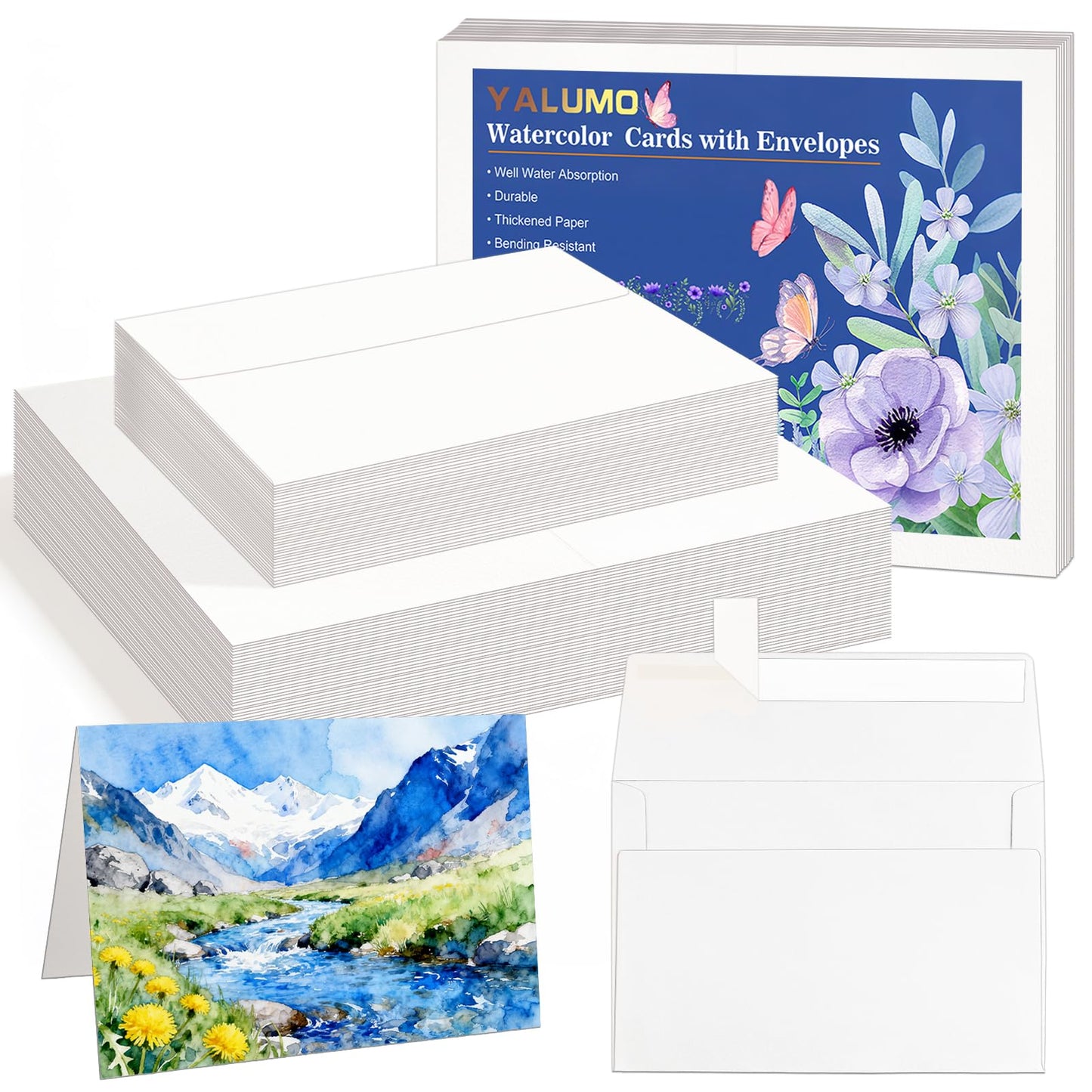 Yalumo 60 Sets Watercolor Cards with Envelopes, Foldable Blank 5x7 Inch 140lb/300gsm 100% Cotton Cold Press Paper, Acid-Free Thick Cards for DIY Painting, Greeting, Thanks, Thanks, and Holiday Crafts
