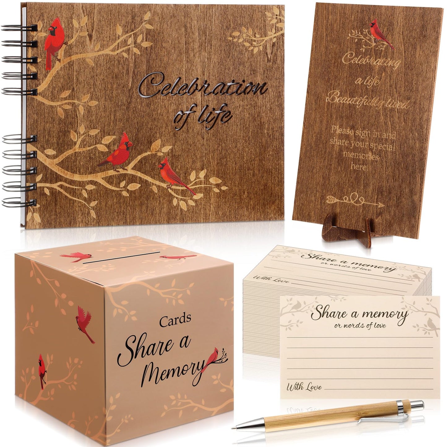 Engrowtic 64 Pcs Funeral Guest Book Set for Memorial Service Celebration of Life Wooden Guest Book in Loving Memory with 60 Share a Memory Card, Cards Box, Table Sign and Pen(Wood,Cardinal)