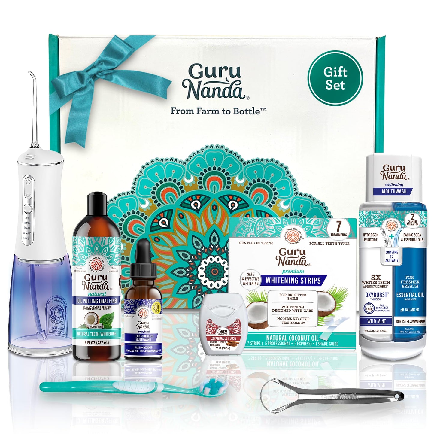GuruNanda 7-Step Regimen 1.0 - Oil Pulling, Toothbrush, Tongue Scraper, Floss, Water Flosser, Mouthwash, Whitening Strips for Complete Oral Care (Pack of 8)