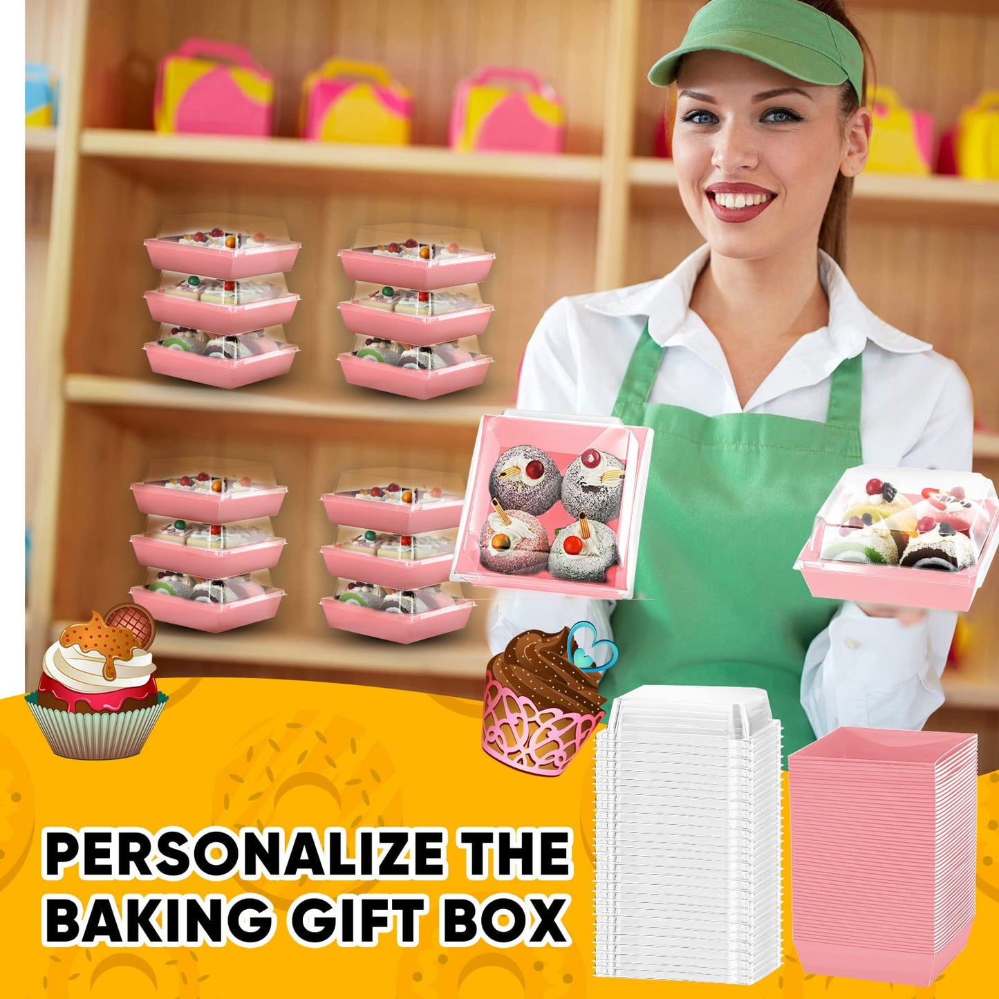 100 Pack Charcuterie Boxes with Clear Lids Valentine‘s Day 5 Inch Cookie Boxes Disposable Cake Case Paper Square Cookie Containers Dessert for Sandwich Slice Cake Hot Cocoa Bombs Strawberries(Pink)