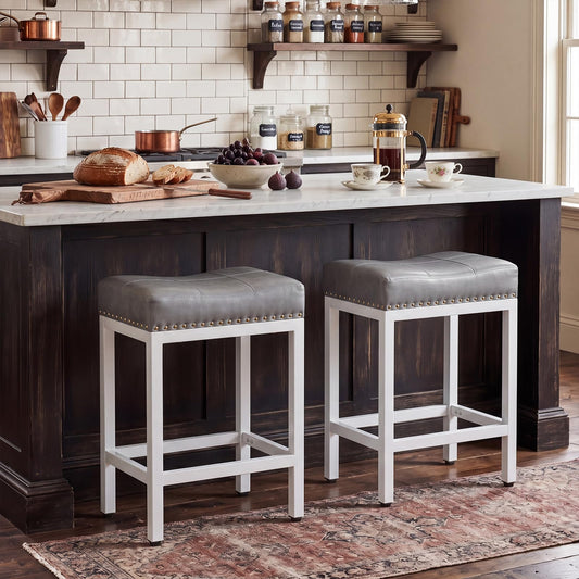 DUMOS Saddle Bar Stools Set of 2, 24 Inch Counter Height Stools with Curved PU Leather Surface, 3.7" Thick Upholstery Bar Height Stools with Footrest for Kitchen Island, Dining, Cafe, Gray