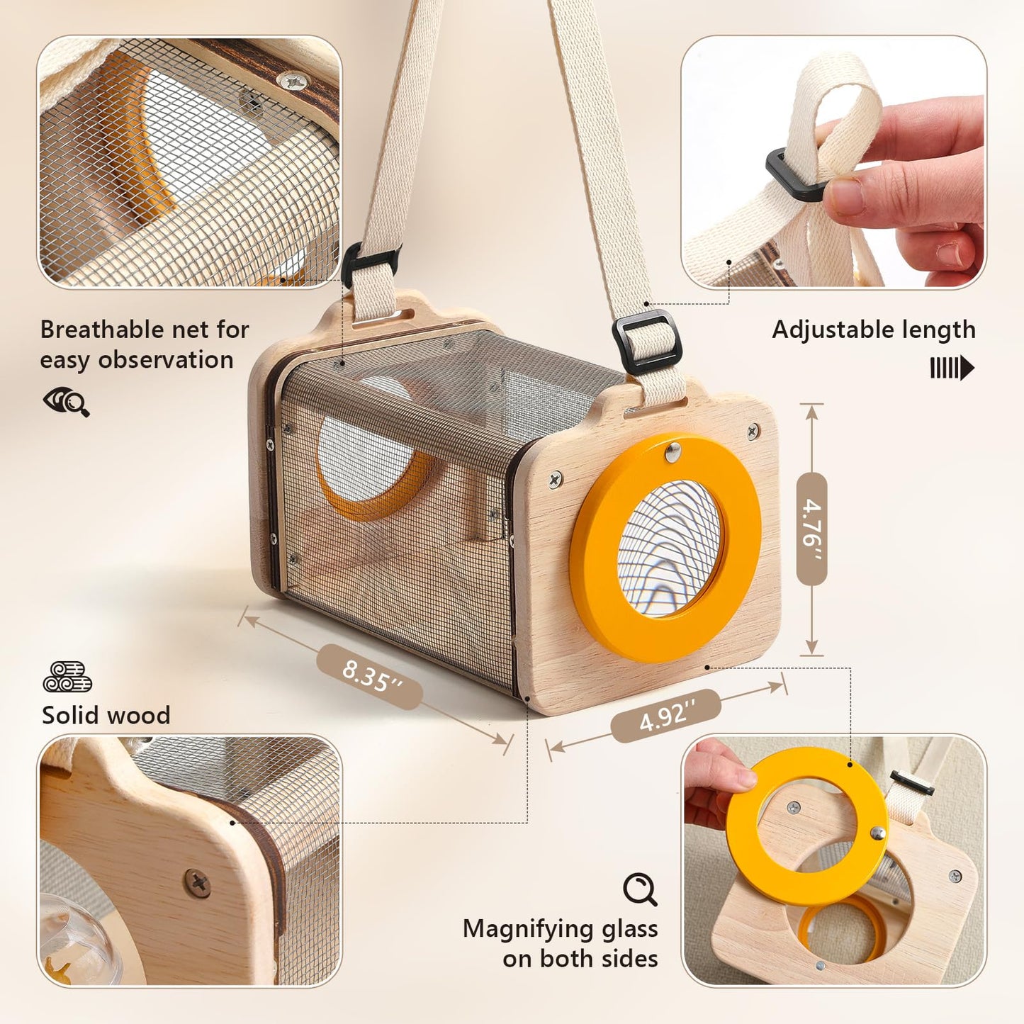 Macabaka Wooden Bug Catcher for Kids, 8-in-1 Insect Exploration Set with Butterfly Net, Magnifying Glass, Bug Habitat, Tweezers, Compass,Outside Toys for Toddlers