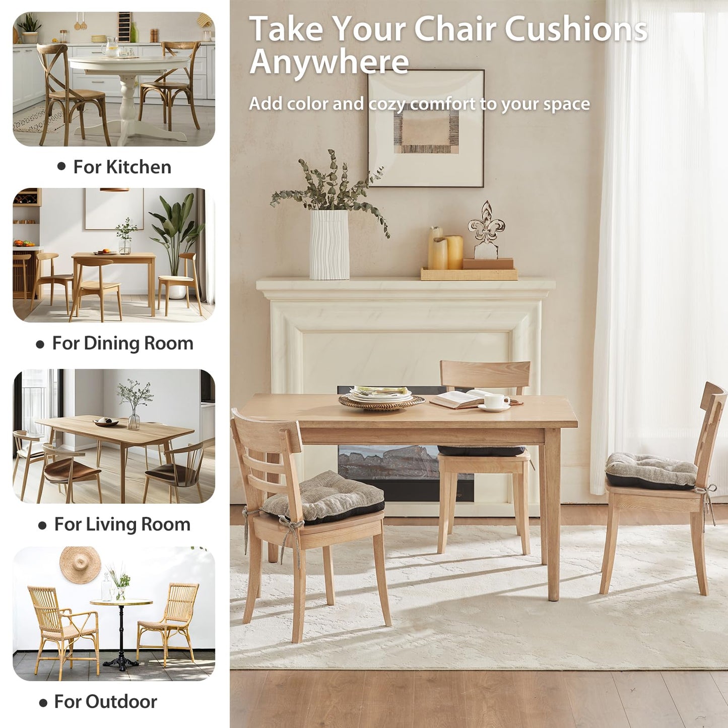 Quilmfoam 16.5"x15.5" Kitchen Chair Cushions Set of 4 for Dining Chair, Soft Tufted Non-Slip Memory Foam Seat Cushion with Ties for Indoor Kitchen Dining Furniture, Khaki
