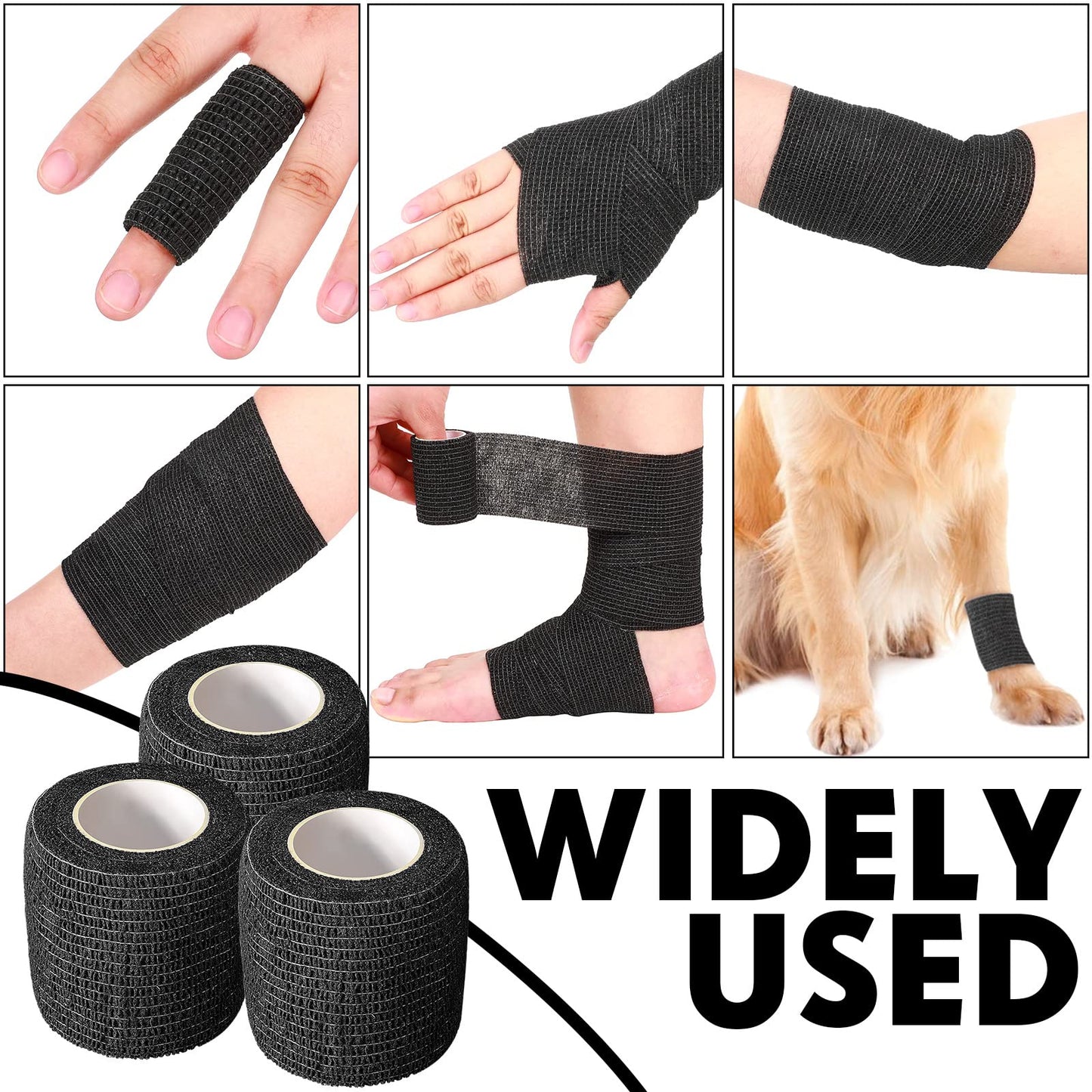 Treela 96 Pack Self Adhesive Bandage Wrap 2 Inch x 5 Yard Self Adherent Cohesive Bandages Elastic Athletic Sports Tape Breathable Wound Tape for Stretch Athletic Wrist Ankle(Black)