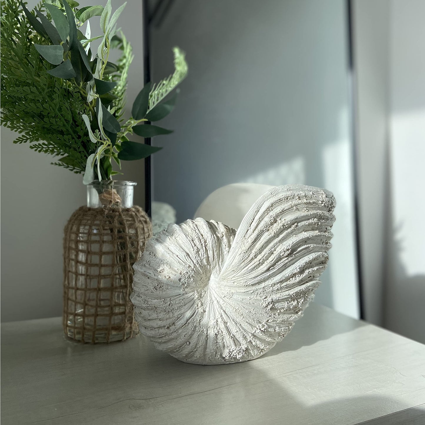 Huey House Nautilus Shell Sculpture - Replica Beach Themed Ocean Decor for Home - Rustic White Resin 10¼" x 6" x 8" Crafted Coastal Seashell Shelf Decor Gift-Boxed