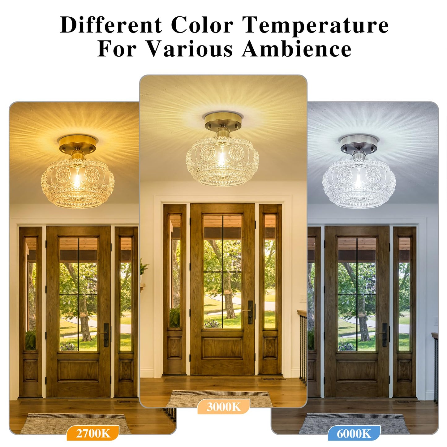Tbaoinla Semi Flush Mount Ceiling Light Fixture - Brass & Floral Glass Shade, Vintage Modern Lighting for Entryway, Bathroom, Kitchen, Bedroom (Bulb Not Included)