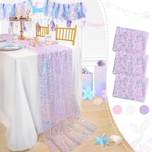 3 Packs Mermaid Party Table Runner 25x120 Inches Purple Table Runner Glitter Sequin Fabric Mermaid Birthday Decorations