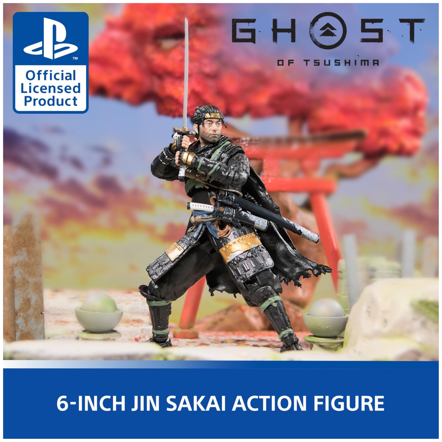 PlayStation, Ghost of Tsushima, 6” Jin Sakai Samurai Action Figure & 2 Accessories, The Shapes Collection, for PS5 Fans & Collectors Ages 17+