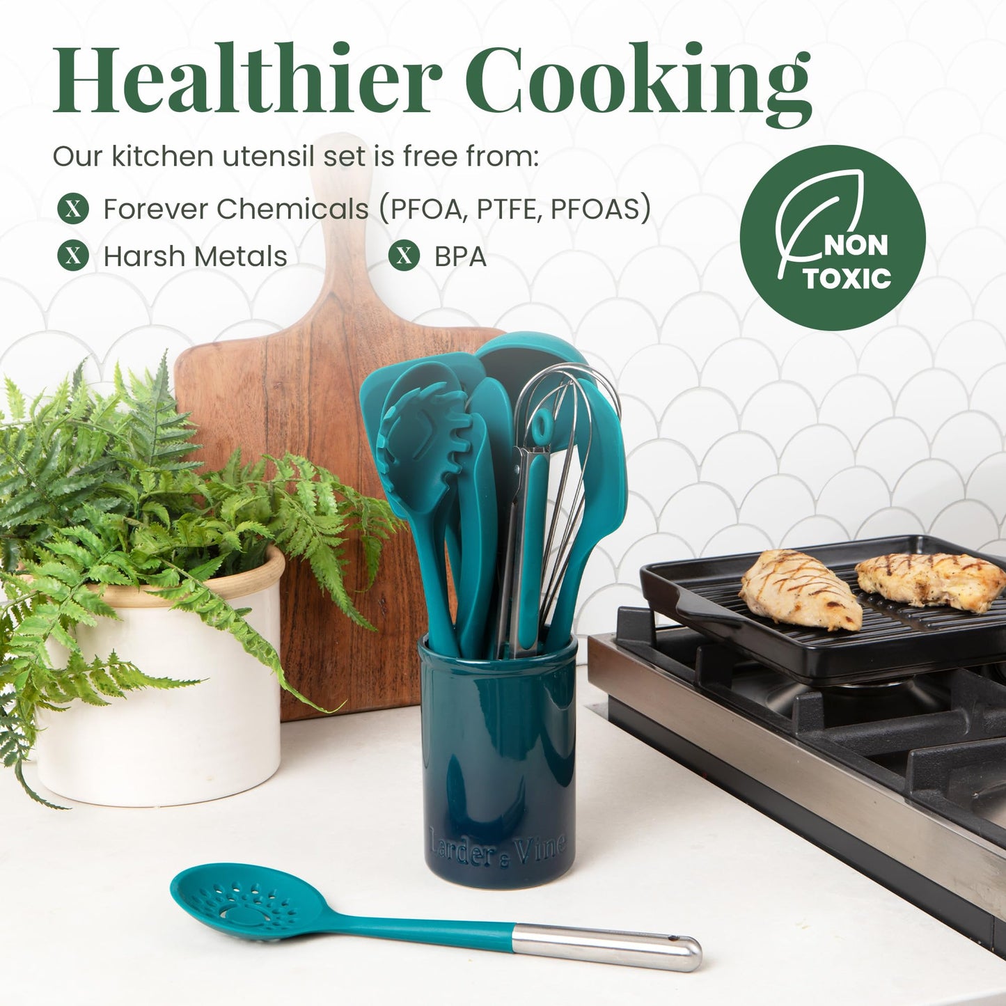 Larder & Vine 12-Piece Silicone Kitchen Cooking Utensils Set with Stainless Steel Handle and Ceramic Holder, Dishwasher Safe Set of Kitchen Essentials (Bondi)