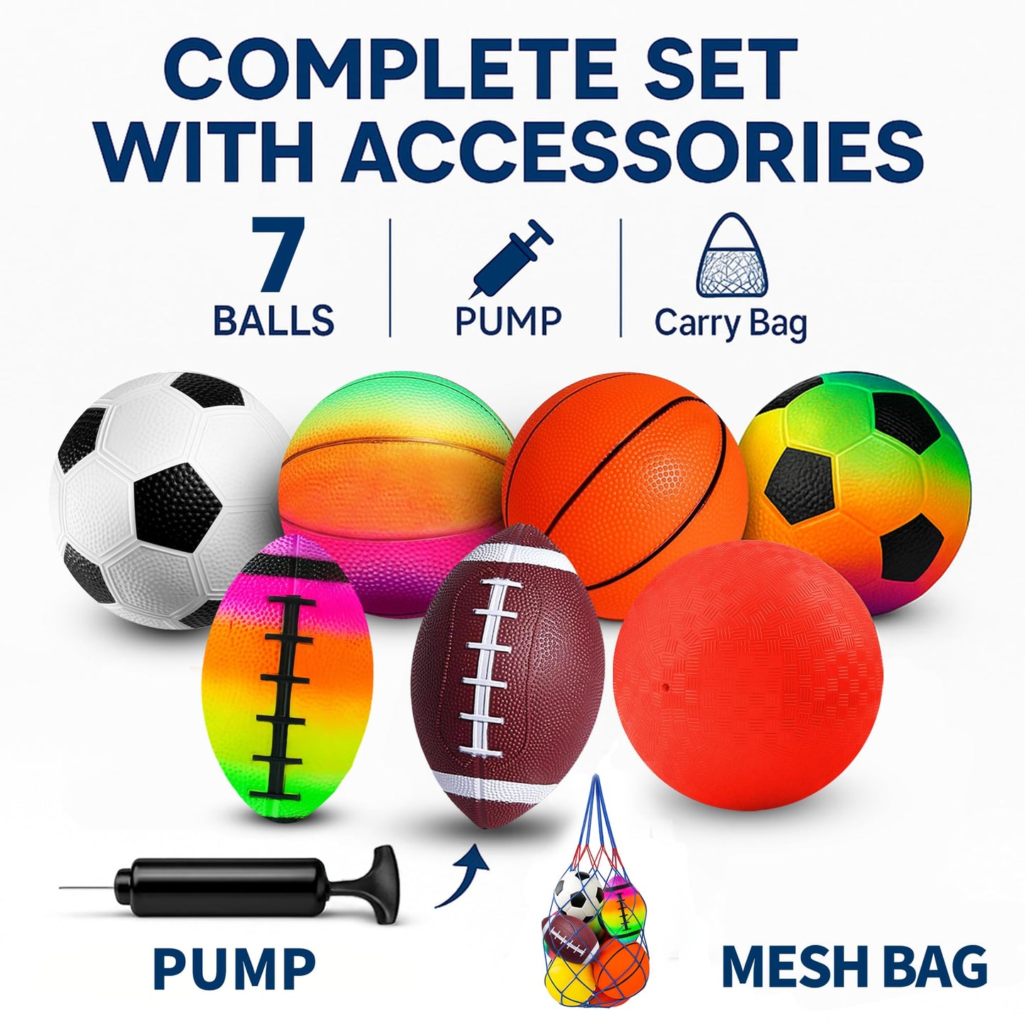 COAMZPARTY 8.5 Inch Sports Balls Set 7 Pack, Playground Balls for Kids&Adults, Includes Soccer Ball, Basketball, Rainbow Ball for Outdoor & Indoor Games (8.5Inch Sports Ball Set (7 Piece))
