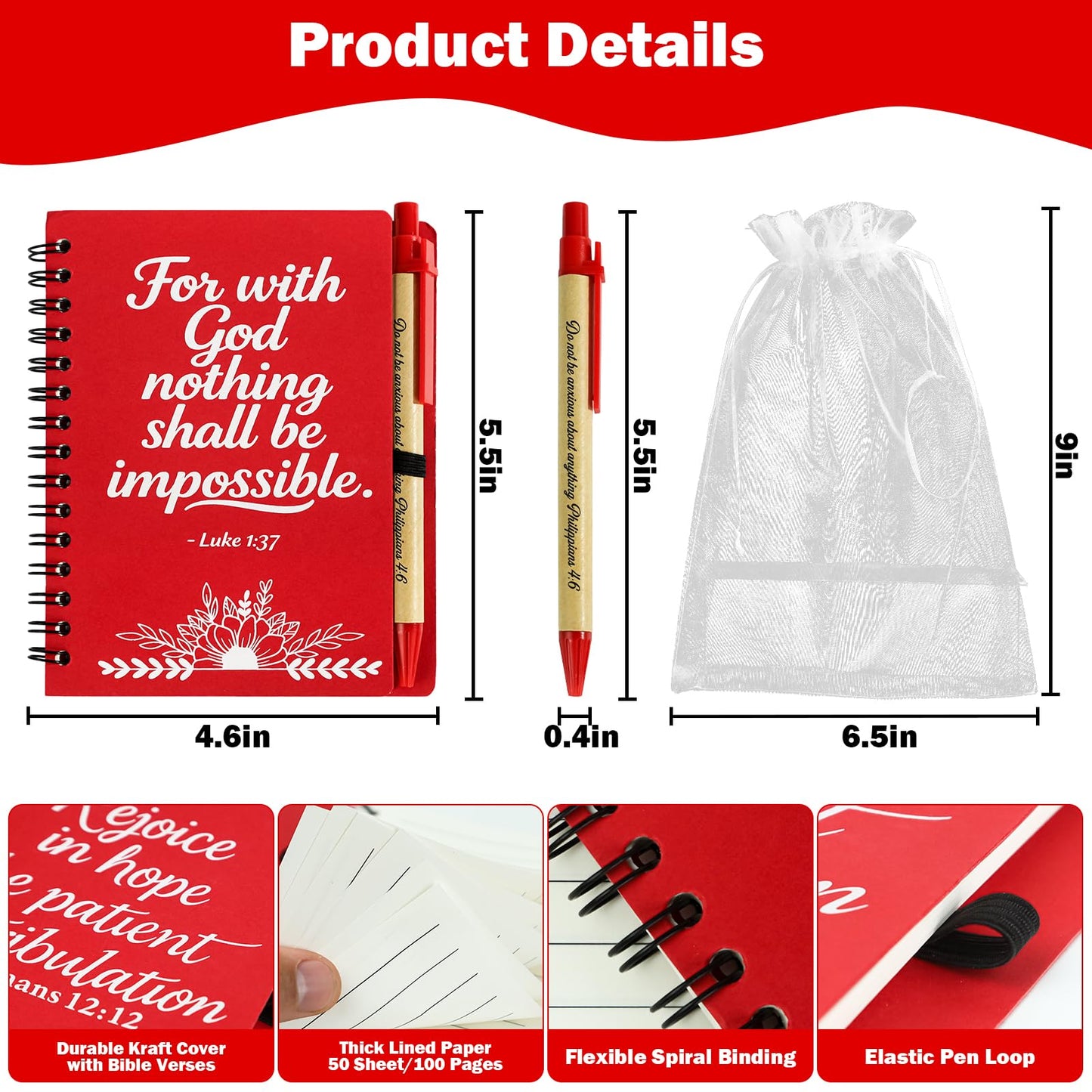 Succwoah 90 Pcs/30 Set Christian Gifts Bulk Prayer Journal Spiral Red Notebooks, Inspirational Notepad with Bible Verse Pen & Organza Bags, Perfect Religious Gifts for Men Women, Bible Study Groups, Church Members & Devotions