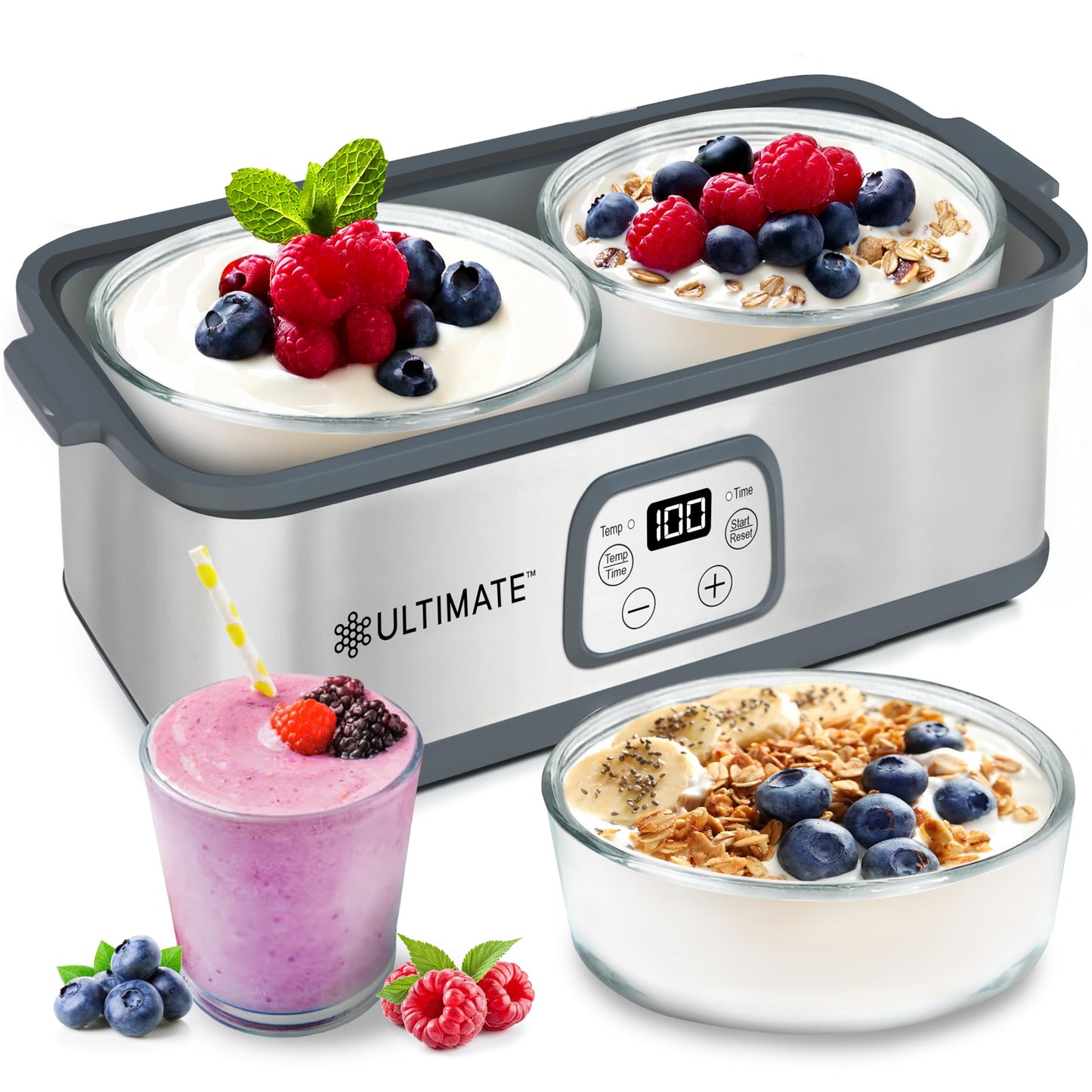 Ultimate Probiotic Yogurt Maker with Adjustable Time & Temp Control - Make Trillions of Live Probiotics with Two 1-Quart Containers for Larger Batches - Greek Yogurt Maker - ULTIMATE LIFETIME WARRANTY