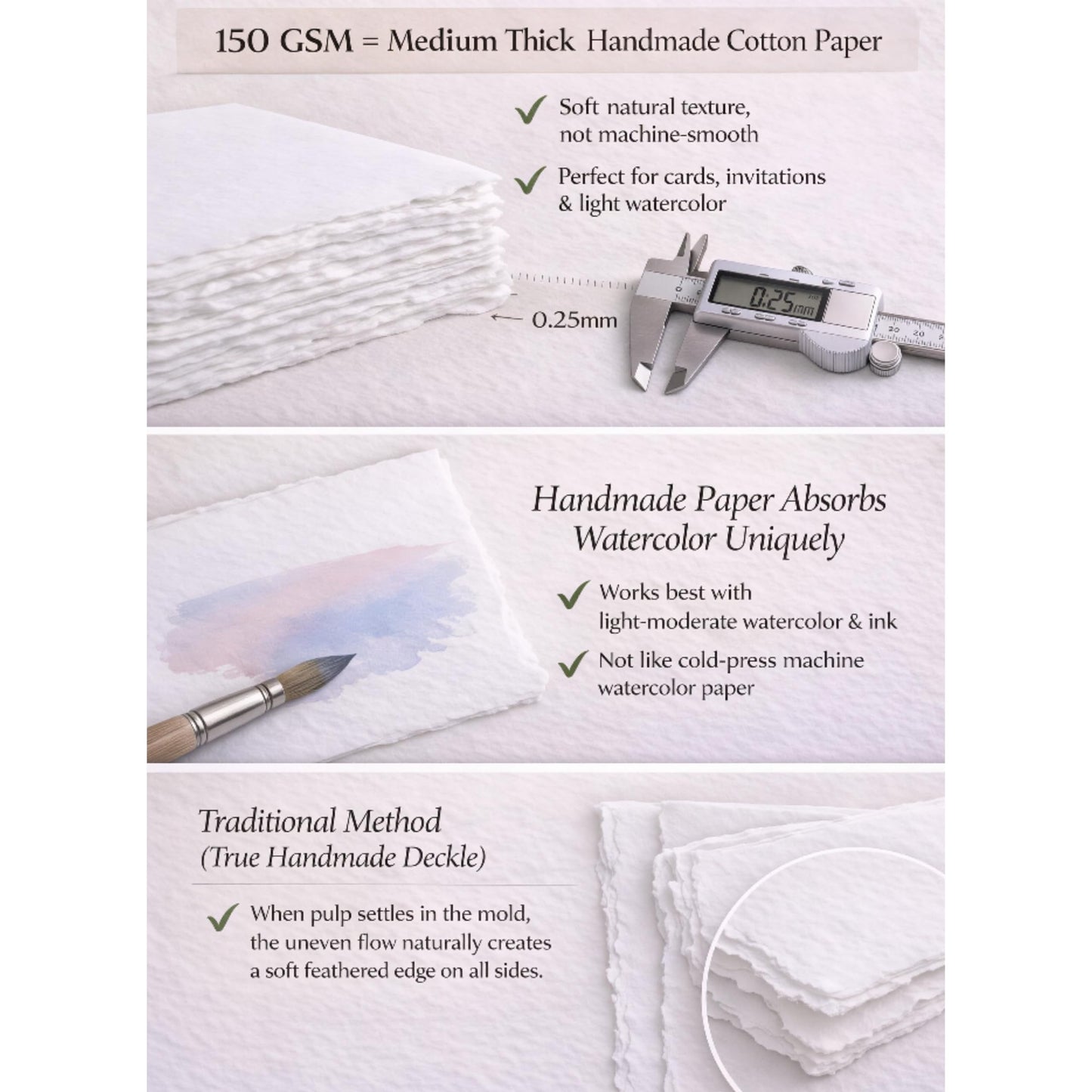 Handmade White Deckle Edge Blank Paper - A5 Size Package of 50 - Mixed Media Loose Leaf Paper for Watercolor, Writers, Invitations, Crafts - Thick 150 GSM - 8 x 6'