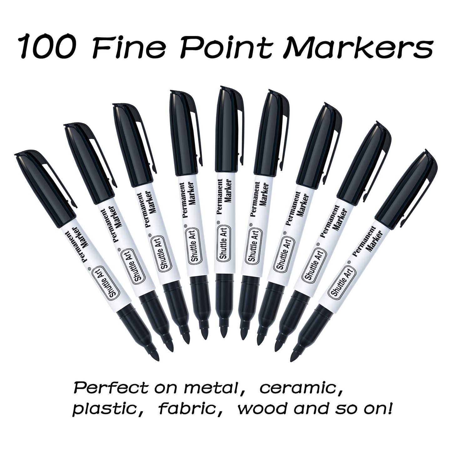 Shuttle Art 100 Pack Black Permanent Markers, Fine Point Permanent Marker Pens Set Perfect on Plastic, Wood, Stone, Metal and Glass for Doodling, Writing, Marking, Office School Supplies
