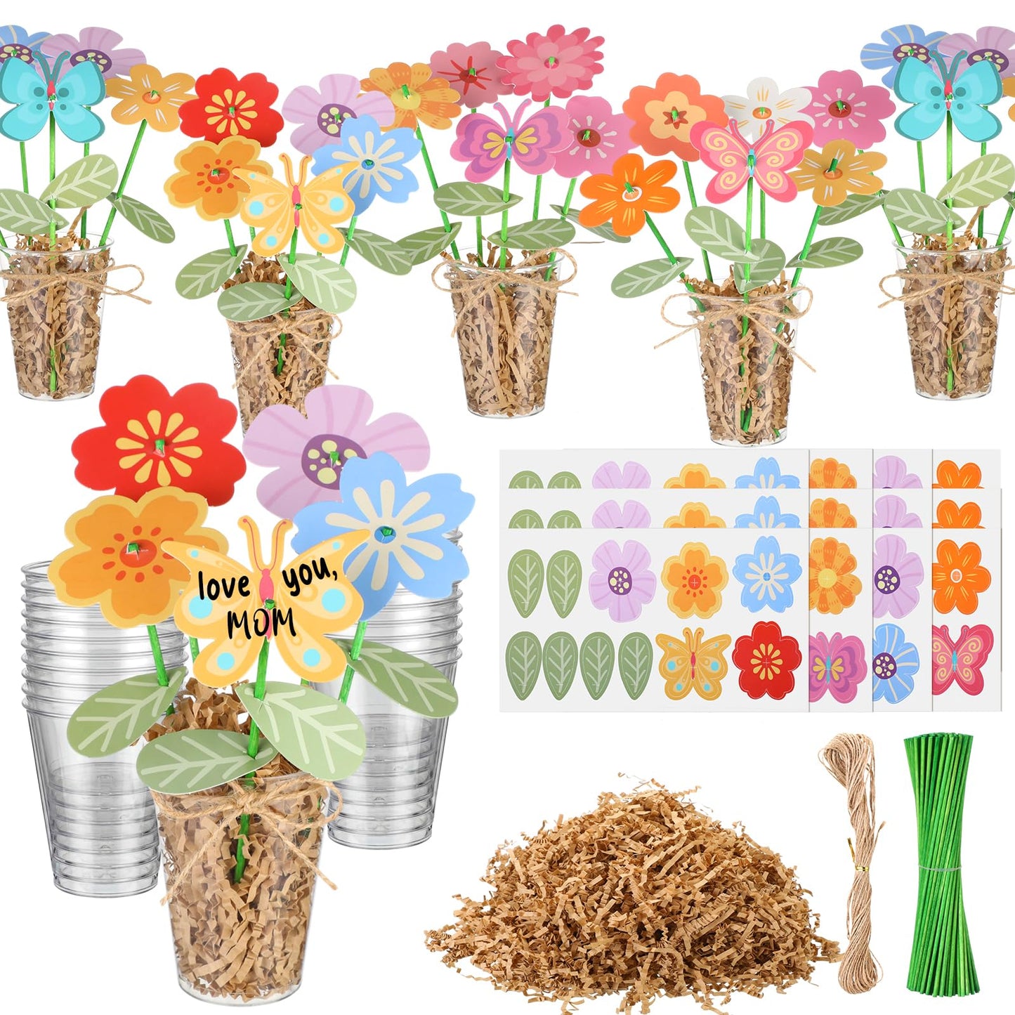 FoldTier 24 Sets Mother's Day Gifts Bulk DIY Flower Bouquet Craft Kit Includes 24 Die-Cut Flower Cards Clear Cups Wooden Stick Twine and Raffia DIY Handmade Gift for Home Mom Creative Activity