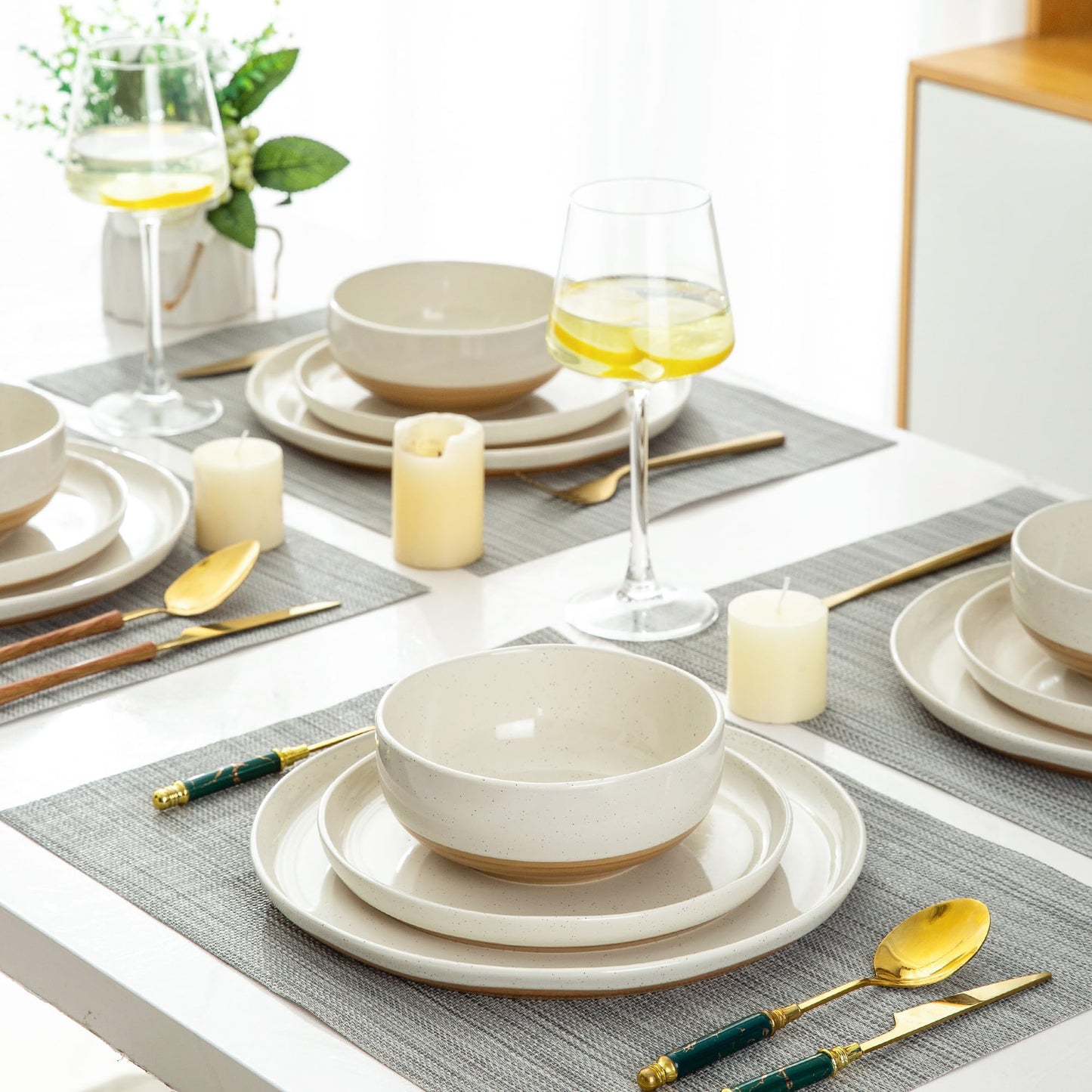 AmorArc Ceramic Dinnerware Sets, Handpainted Plates and Bowls Set with Rustic Terracotta Underside, Scratch Resistant Stoneware Dishes Set, Dishwasher & Microwave Safe