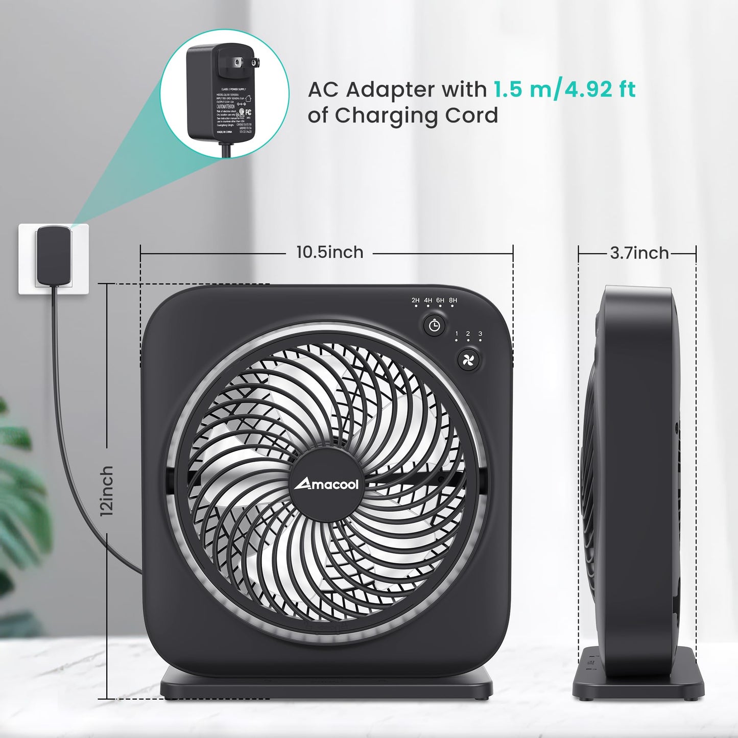 AMACOOL Table Fan, 12 inch Box Fan with 3 Adjustable Speeds & 8HRS Timer, 270° Pivoting Quiet Air Circulator, Desktop Fan for Bedroom Bathroom Kitchen Office, AC Adapter Included-Black
