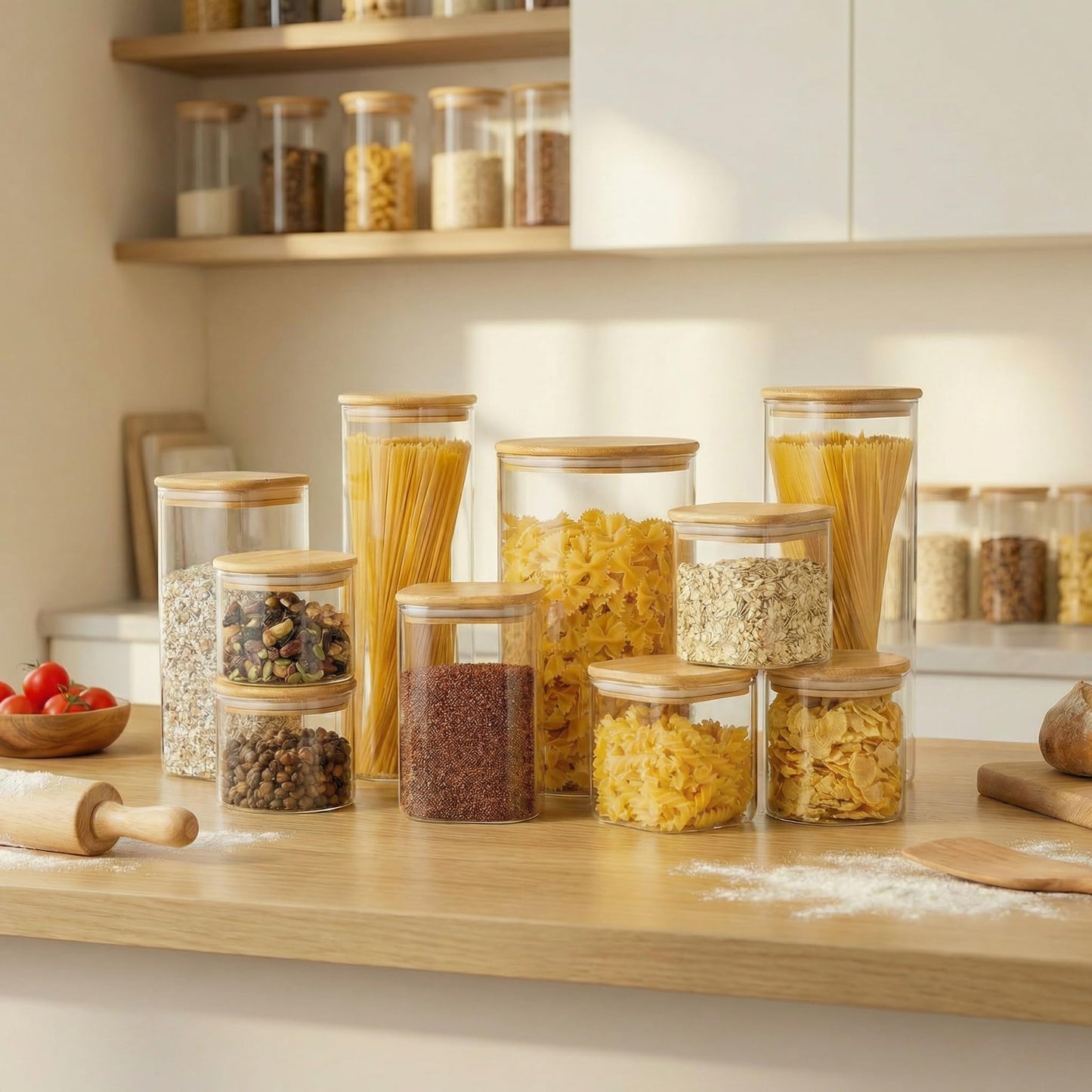 42oz - 4 Pack Square Glass Jars with Bamboo Lids, Glass Food Storage Containers with Airtight Lids for Kitchen, Air Tight Pantry Storage Containers for Cereal, Pasta, Rice, Sugar, Coffee, Spice