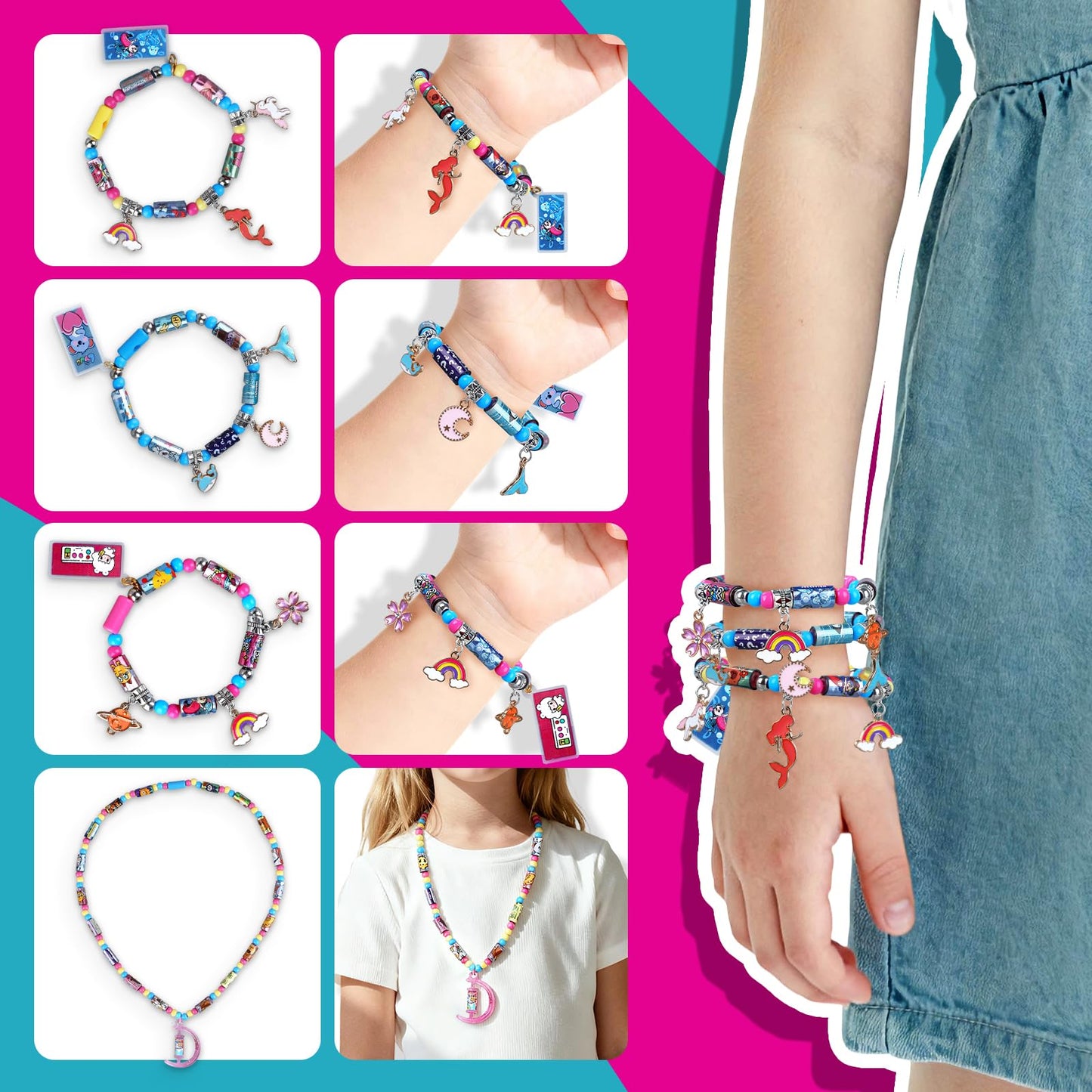 DIY Sticker Bracelet Maker, with 350pcs Mini Rolls Stickers, 12 Cute Pendants &Collect Book,Jewelry Necklace Making Kit,Fun Arts and Crafts for Kids 5-12, Birthday Party Gift,Toys for 5 Year Old Girls