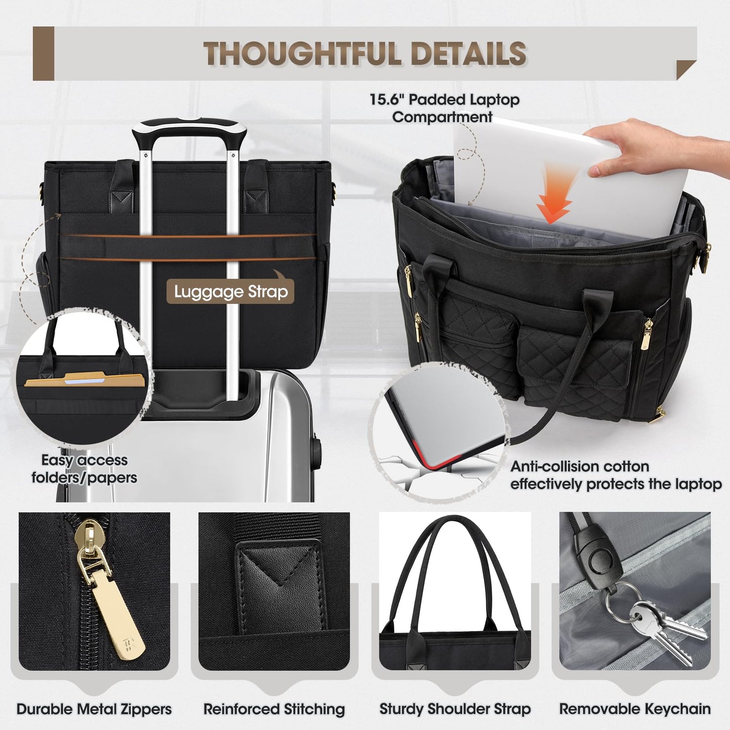 RAINSMORE Teacher Tote Bag with Insulated Lunch Compartment 15.6 inch Laptop Bag for Women Lightweight Work Bags Nurse Bags Professional Briefcase Computer Handbag for Office, College, Nursing, Black