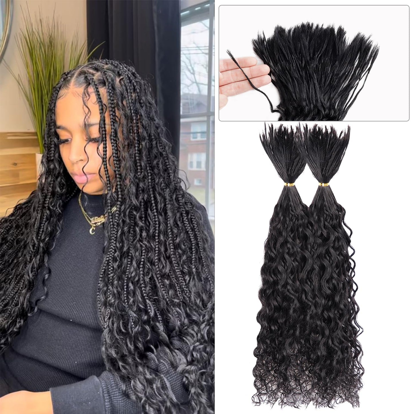 Pre-Divided Human Braiding Hair for Boho Braids Water Deep Wave Human Hair Bulk for Braiding Curly Human Hair for Boho Locs Boho Crochet Braids Human Hair Extensions (1B, 20"-320Strands)