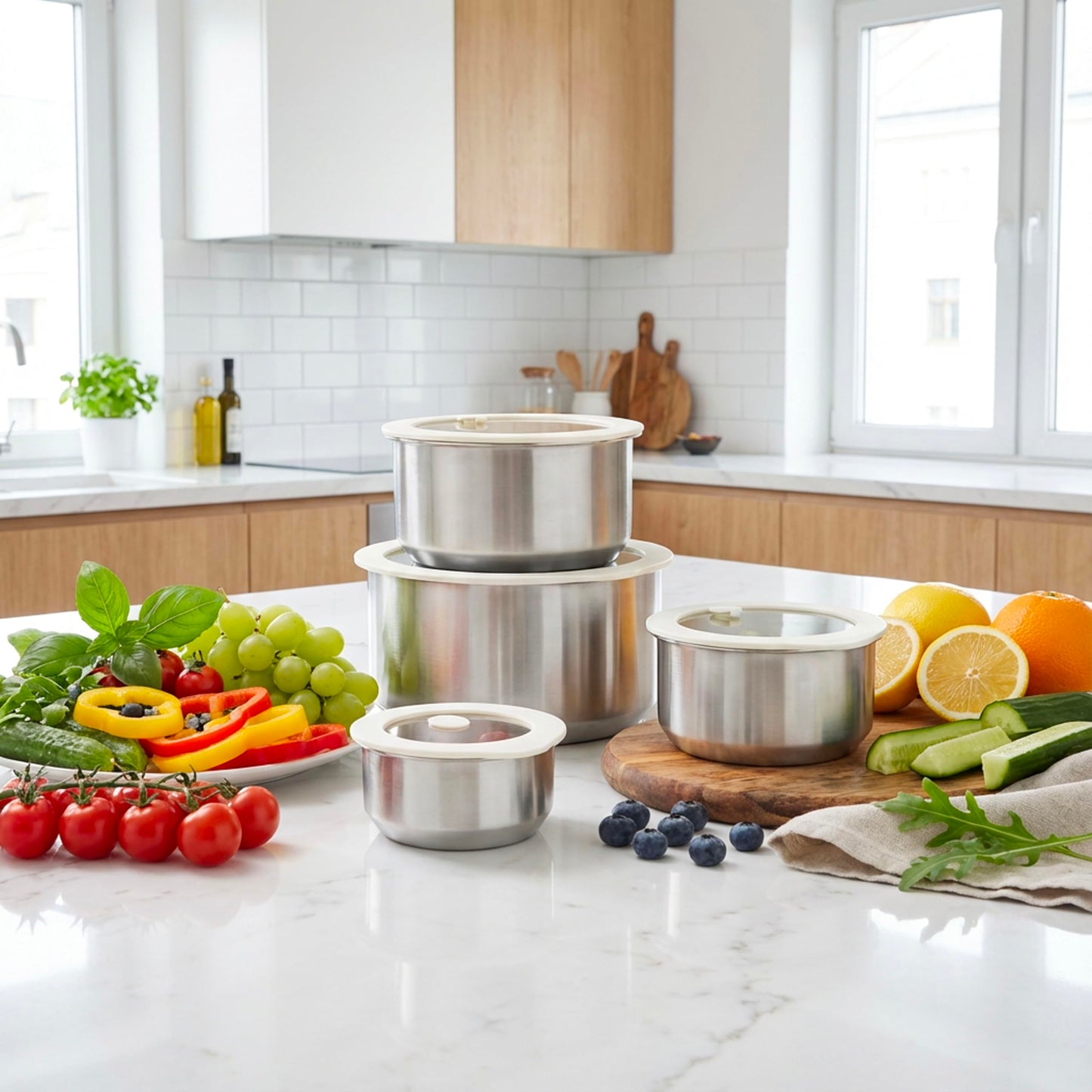 Urban Green Stainless Steel Food Containers with Glass Lid, Airtight Leakproof Stainless Steel Food Storage Container, Salad Bowl in set of 4, Round Shape, Microwave Safe, 100% Plastic Free