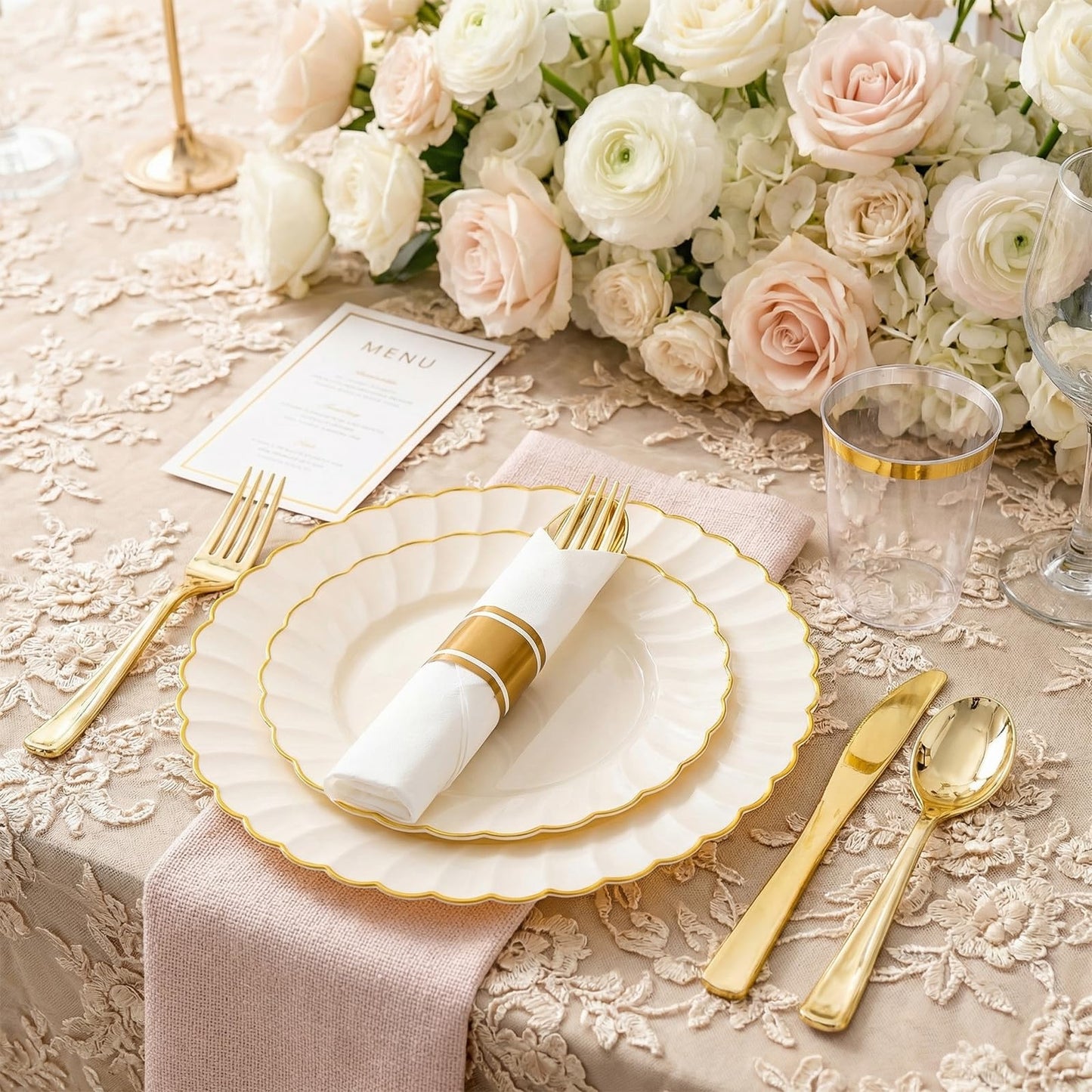 YOUBET 350PCS Ivory Scalloped Plastic Plates - Ivory and Gold Disposable Dinnerware Set Include 100 Plates, 150 Gold Silverware, 50 Cups, 50 Napkins for Wedding & Party