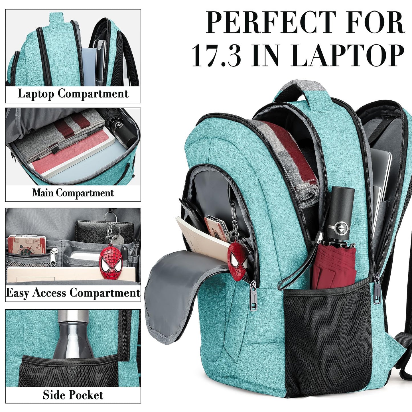 BIKROD Teal Backpack for Women and Men, Extra Large School Backpacks for Teens, Water Resistant Back Pack Fits 17 Inch Laptop, Business Anti Theft Sturdy Computer Bag Gifts