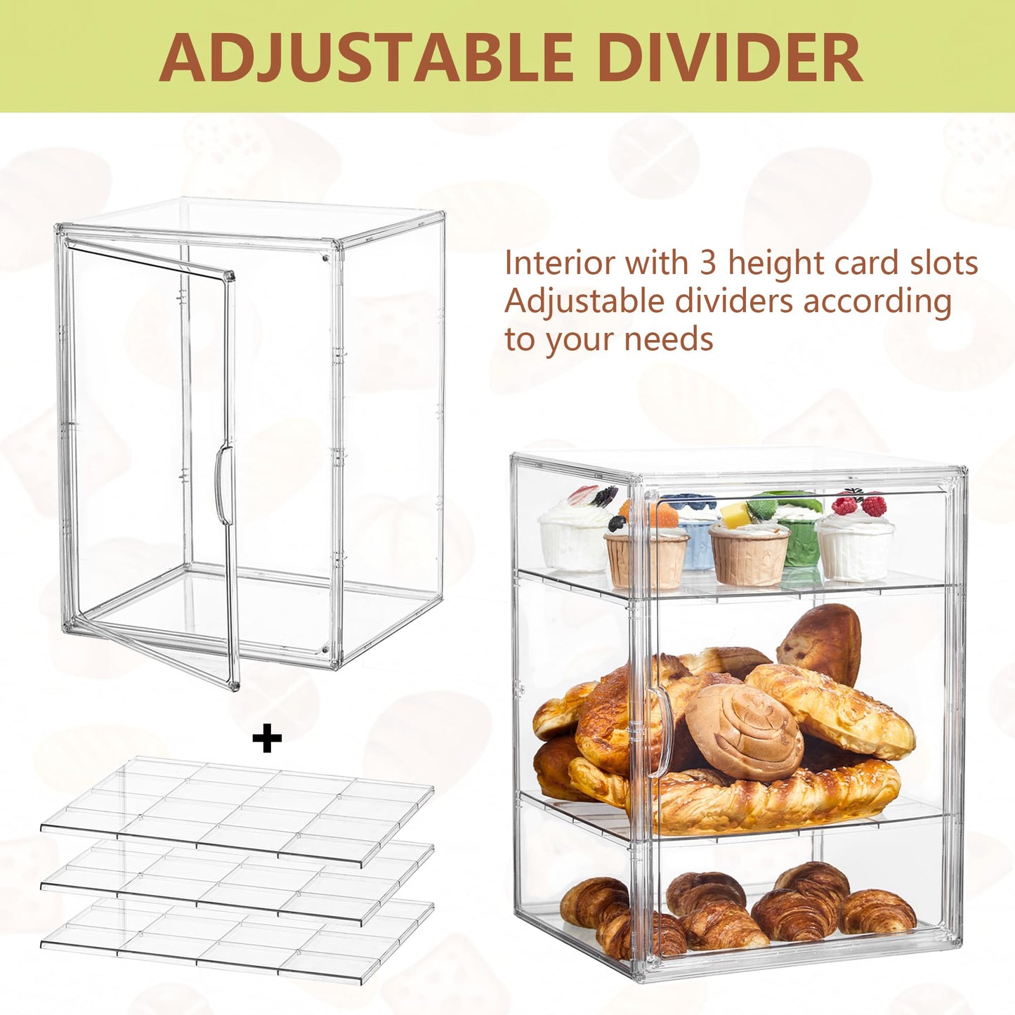 Pastry Display Case,Bread Box for Kitchen Countertop,4 Layers Adjustable Clear Bread Storage with Magnetic Door Bakery Pastry Display15.5x11.4x9.8inch，1 Pack